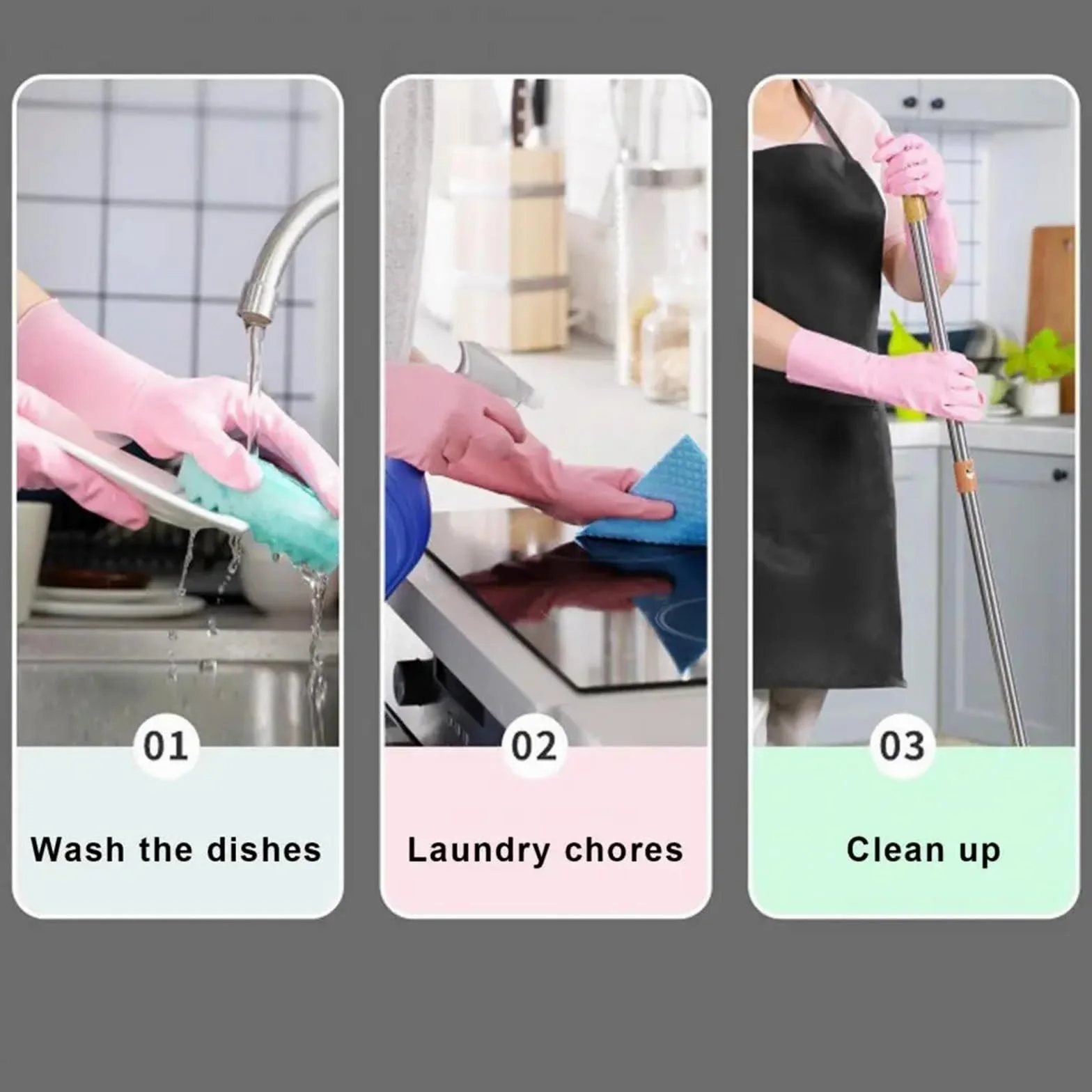 Rubber Dish Washing Gloves 3 paia di guanti for lavori domestici, riutilizzabili, da cucina con design antiforatura, polsino elastico lungo per pulire(L)