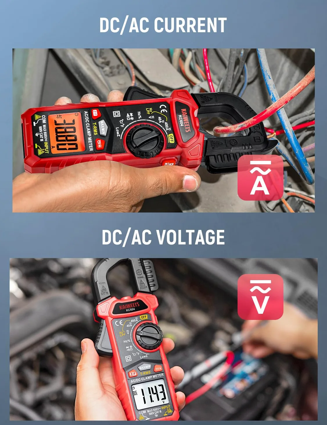 KAIWEETS Pinza Amperometrica AC/DC, Multimetro Pinza per Misurare Tensione/Corrente CC CA, Temperatura, Continuità, NCV, Diodo, Torcia, Retroilluminazione, Ganascia a D, KC604