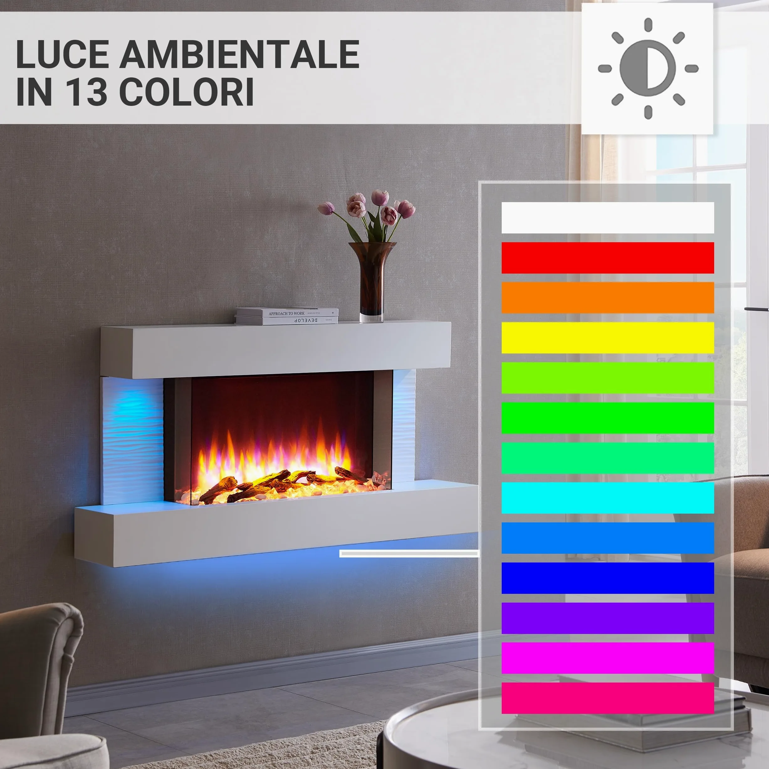 BALDERIA Camino Elettrico Aieda | Caminetto da Parete con Effetto Fiamma 3D | Riscaldamento 2000 W | Focolare Sospeso con Telecomando, Timer, Termostato | Grigio