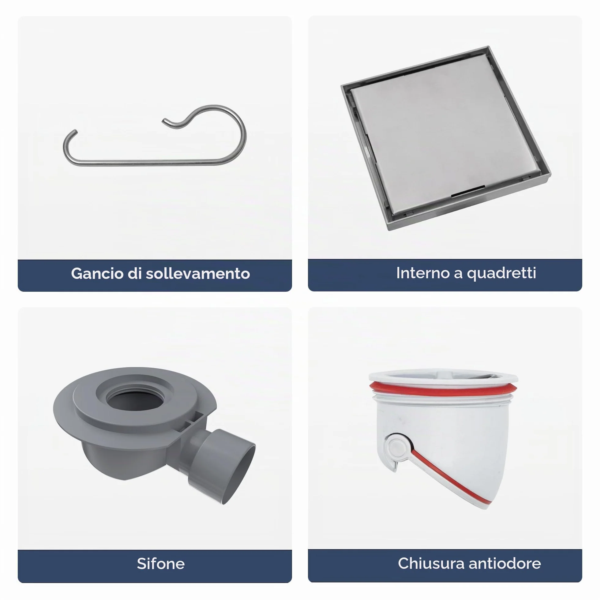 VANCOCO Scarico Doccia a Pavimento Quadrato 15×15 cm 2-in-1 Invisibile in Acciaio Inox, Sifone Orientabile 360°, Valvola Antiodori, Filtro per Capelli