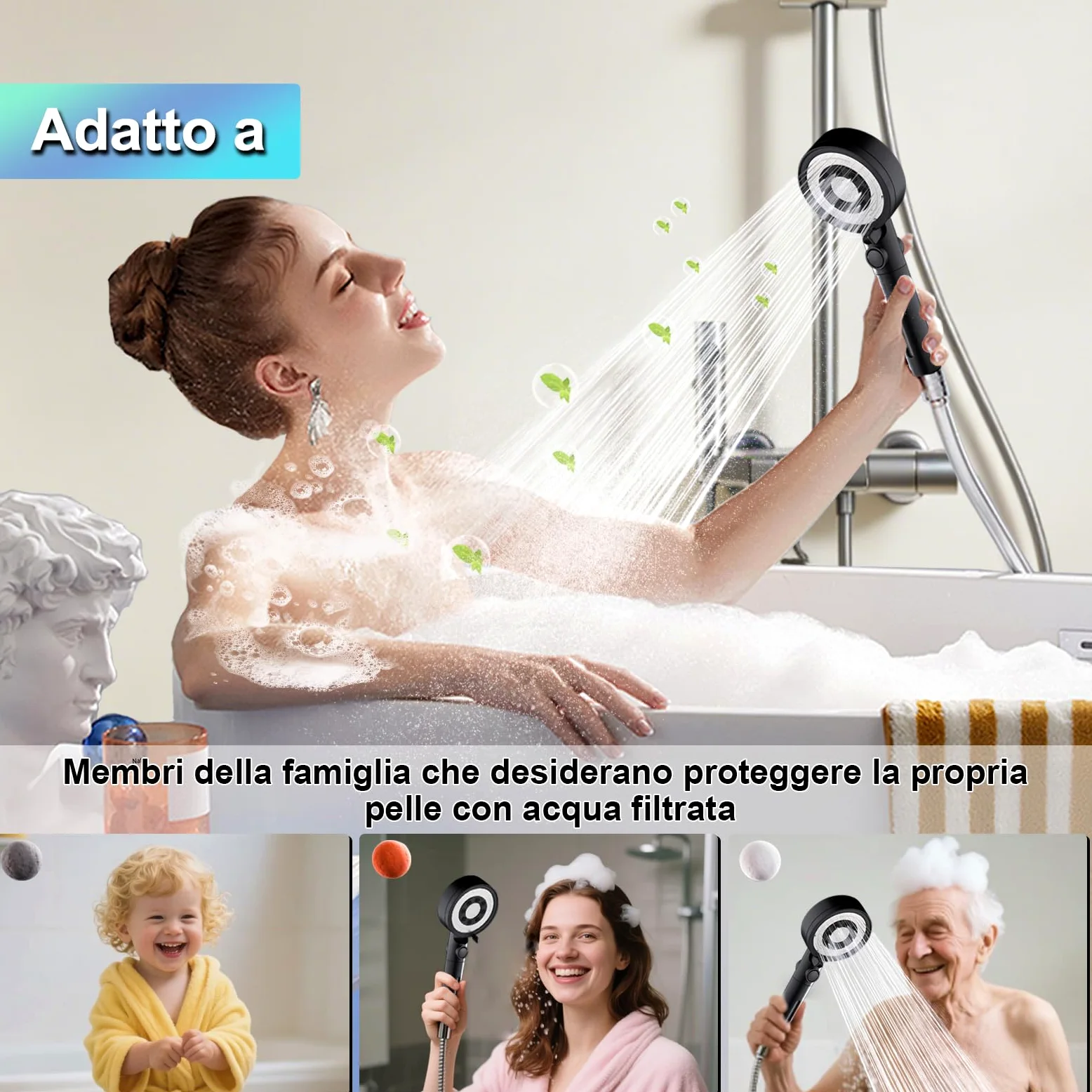 Soffione Doccia Nero Alta Pressione con 4 PP Filtro, 5 Modi | Doccino doccia alta pressione filtra cloro residuo, batteri, metalli pesanti altro, universale g1/2, funzione arresto