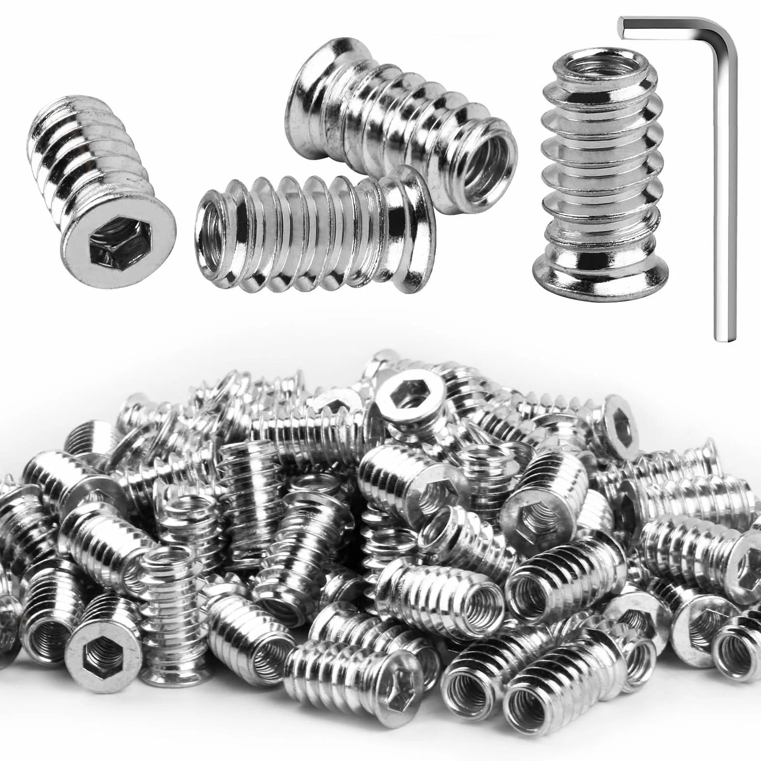 100 dadi di avvitamento M6 x 20 mm, inserto filettato in legno, inserti filettati in acciaio zincato, manicotto filettato a esagono incassato per mobili in legno