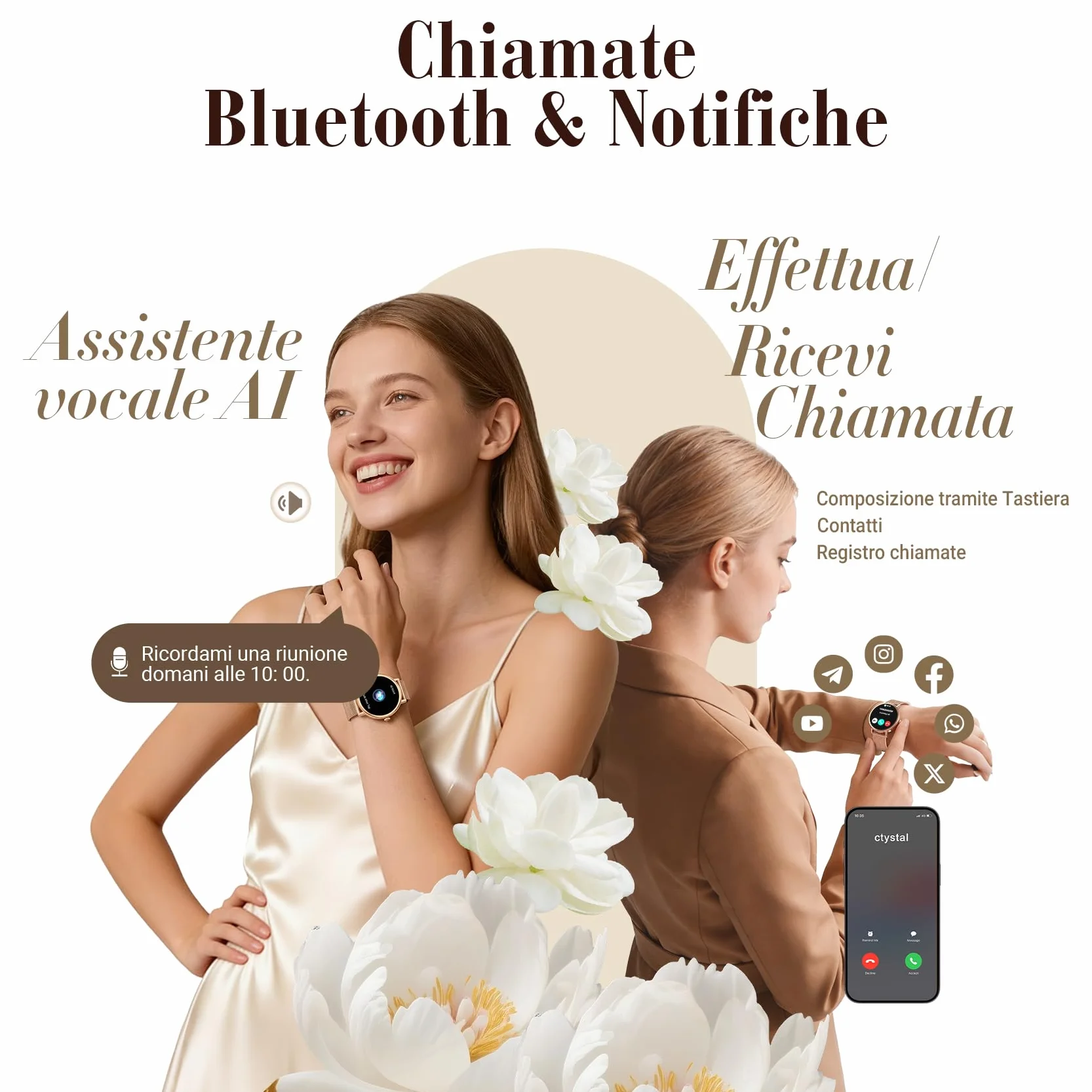 Smartwatch Donna, 1.26"Orologio Intelligente Donna con Chiamate Bluetooth, Smart Watch con 2 Cinturini, Notifiche, Podometro, Design Sottile, Compatibile con Android iOS, Smartwatch Impermeabile IP68