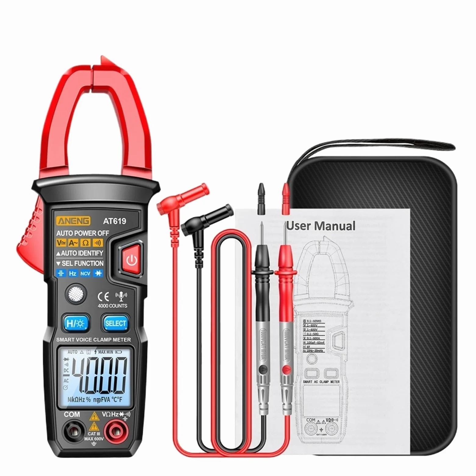 AT619 Pinza amperometrica digitale True RMS AC DC rilevamento NCV | Misura corrente AC DC e valori elettrici senza scollegare i circuiti per manutenzione e diagnosi(Red(no battery))