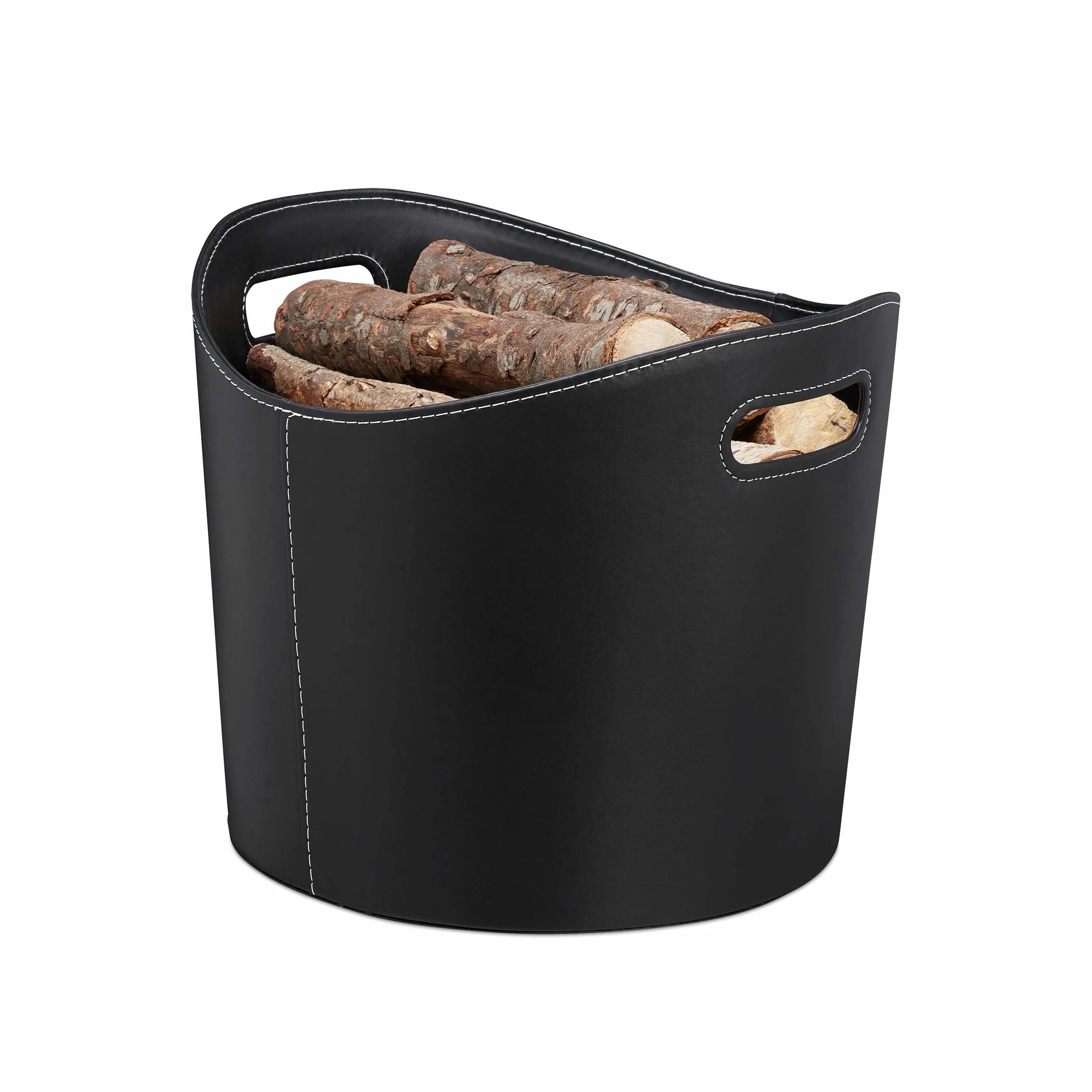 1x Cesto Portalegna L, Borsa in Similpelle, Stabile e con Manici, Legname, Ovale, Trasportabile, Nero