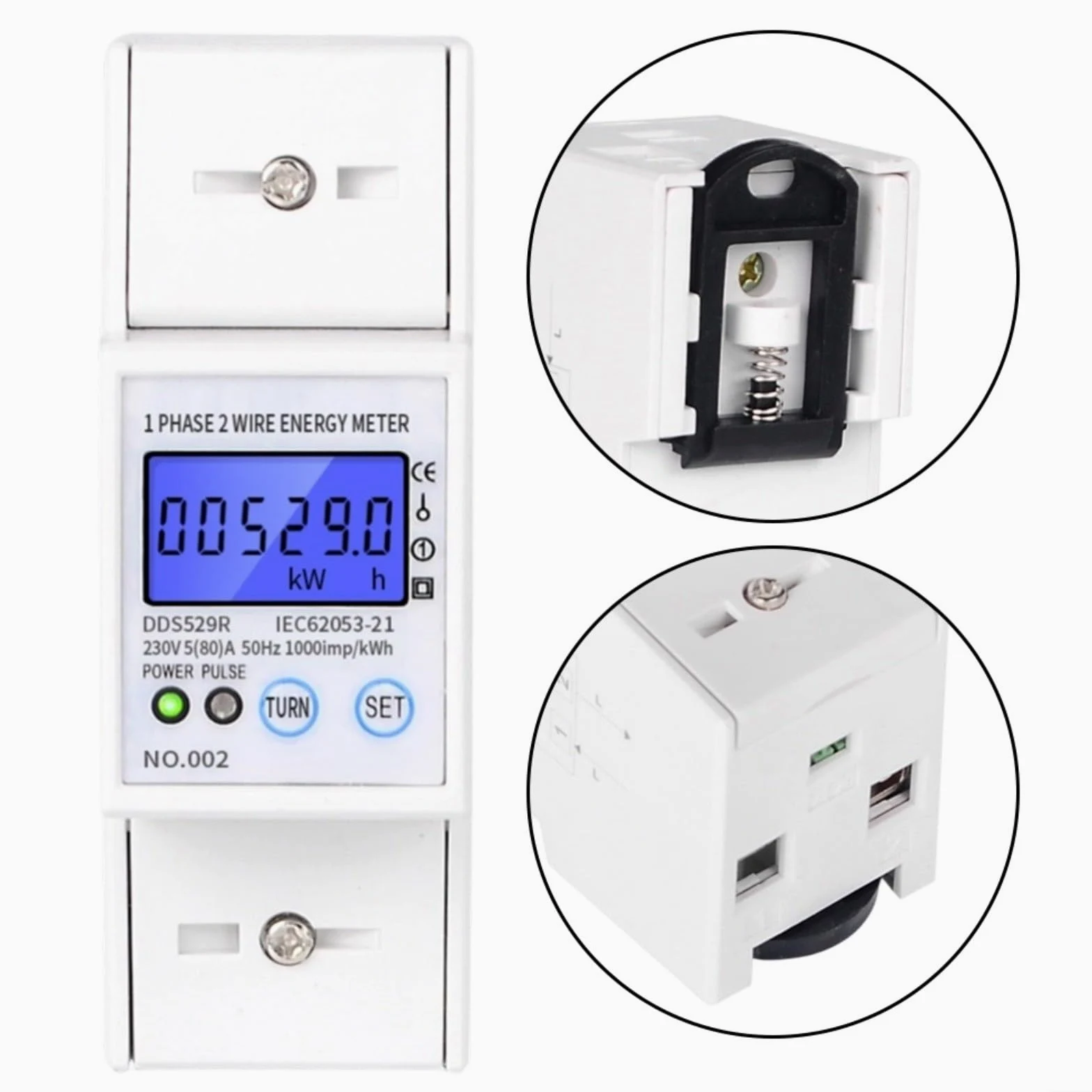 Contatore di energia elettronico 230V 5-80A con RS485, display LCD | Per montaggio su guida DIN
