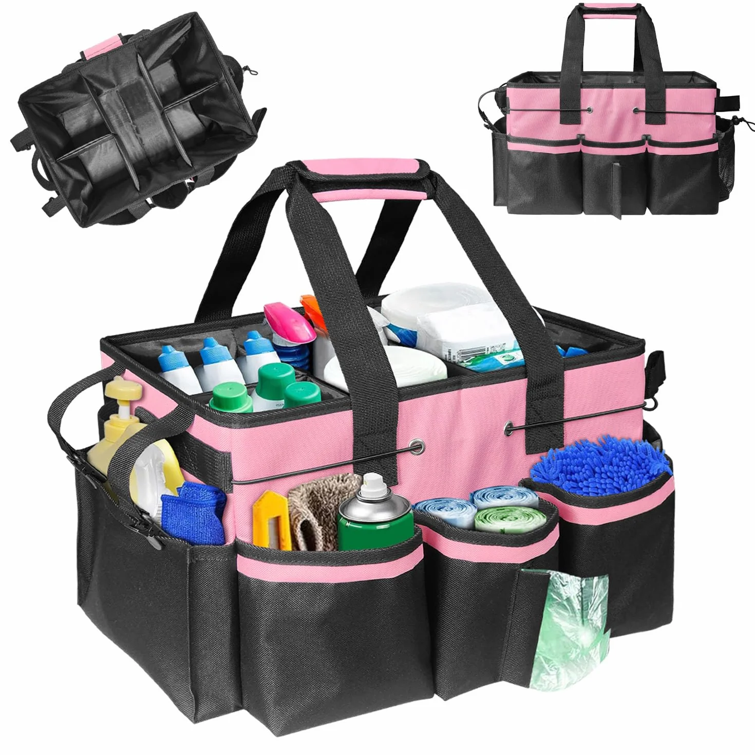 Boczif Borsa portaoggetti indossabile per la pulizia, organizer con manico, spallacci e divisorio staccabile, organizer per strumenti di pulizia, borsa tote per pulizie e governanti (rosa)