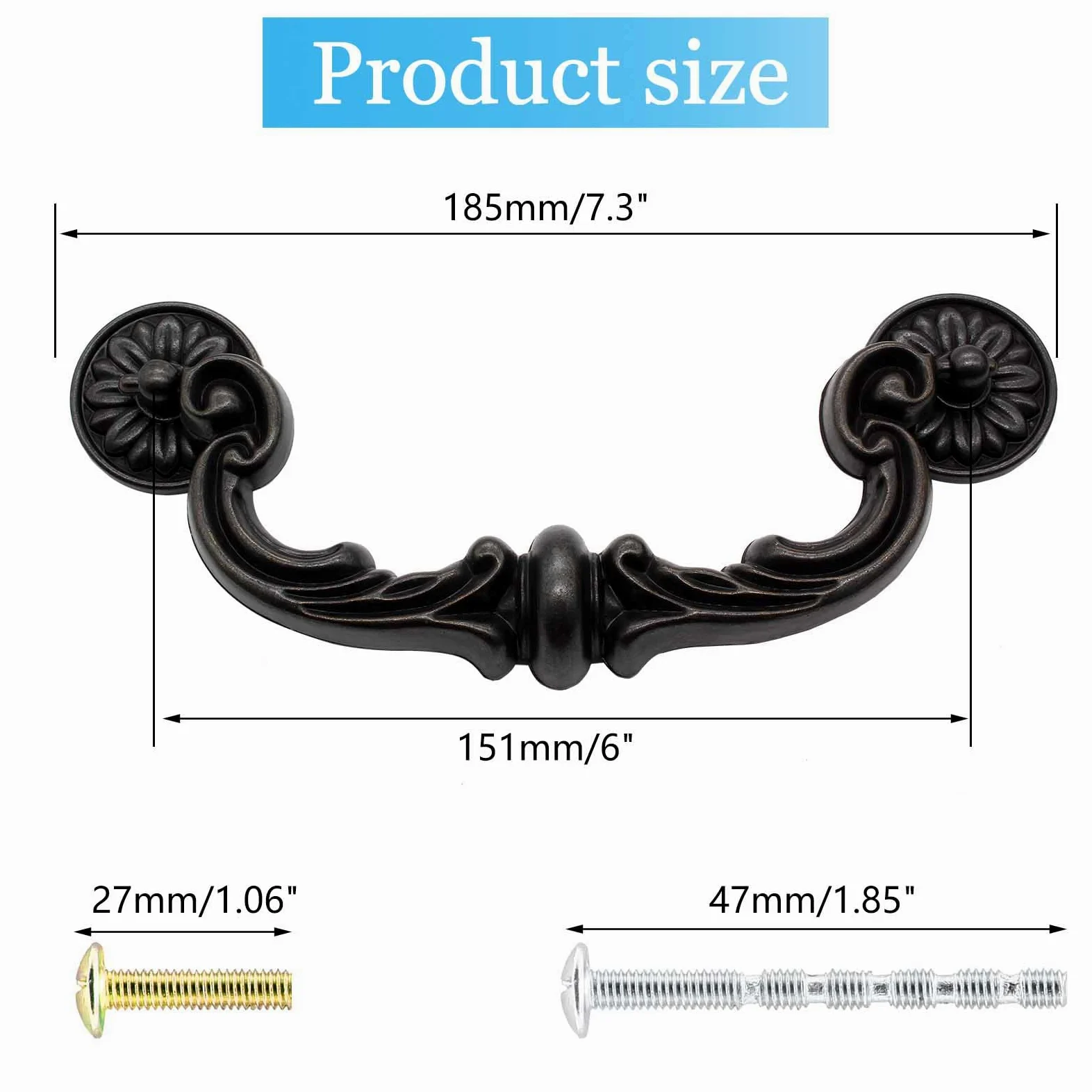 Biaungdo 8 maniglie centrali da 151 mm/6 fori, in lega di zinco, stile rustico, stile vintage a discesa su cauzione per cassetto, maniglie antiche per cucina, armadio (lunghezza totale 18,5 cm)