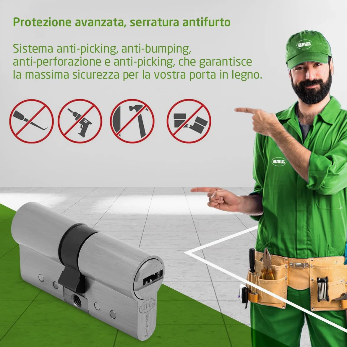 Amig - Cilindro di sicurezza - Serratura per porte - Antigrimaldello e Antibumping - Cilindro Antiestrazione e Antirottura - Include 5 chiavi - Argento opaco - Misure: 80 (30-50) mm