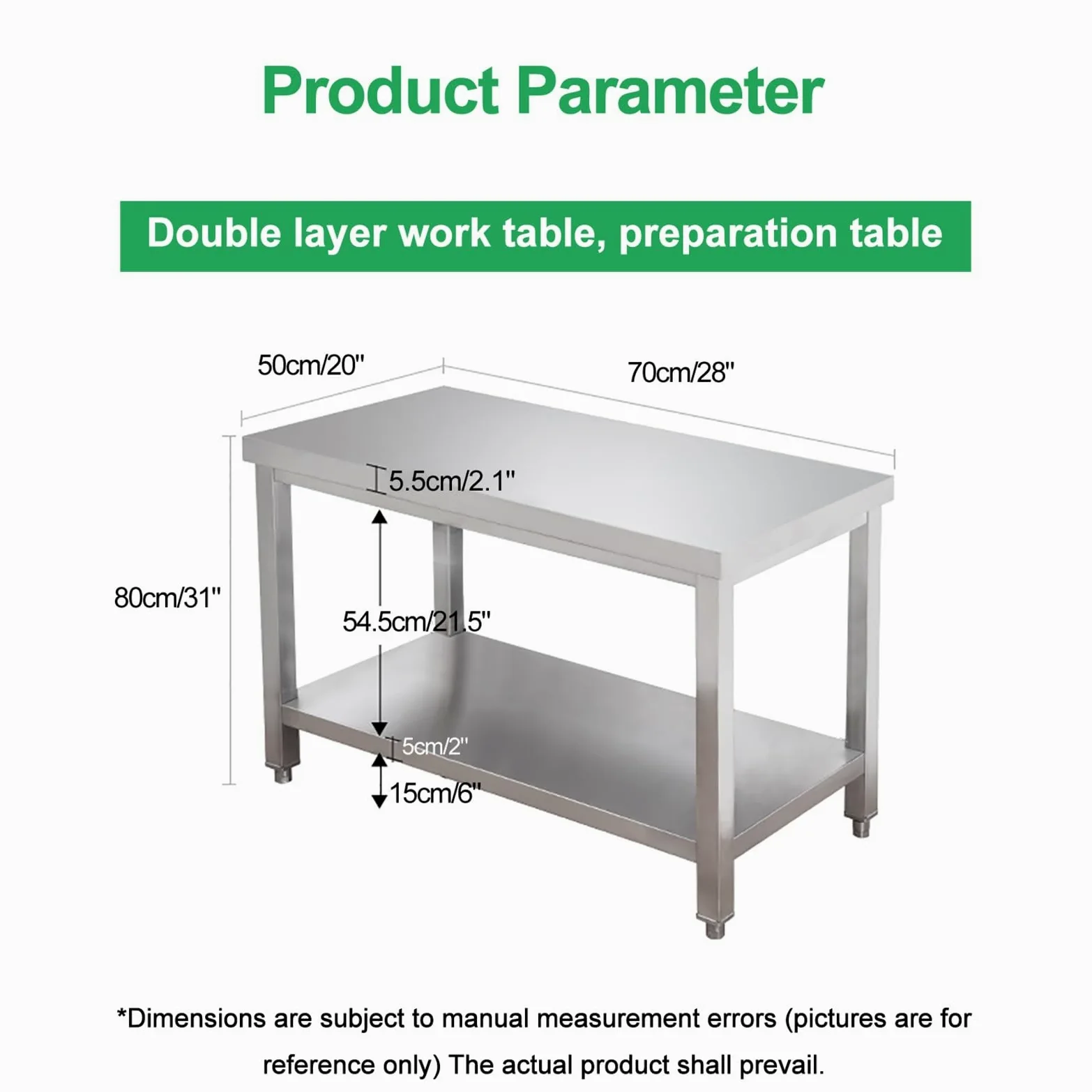 Generico Tavolo da Preparazione Commerciale in Acciaio Inossidabile - Banco da Lavoro in Metallo Resistente per Cucina, Garage e Officina - Doppio Strato, 70x50 cm / 28x20 Pollici, Ideale per la Prep