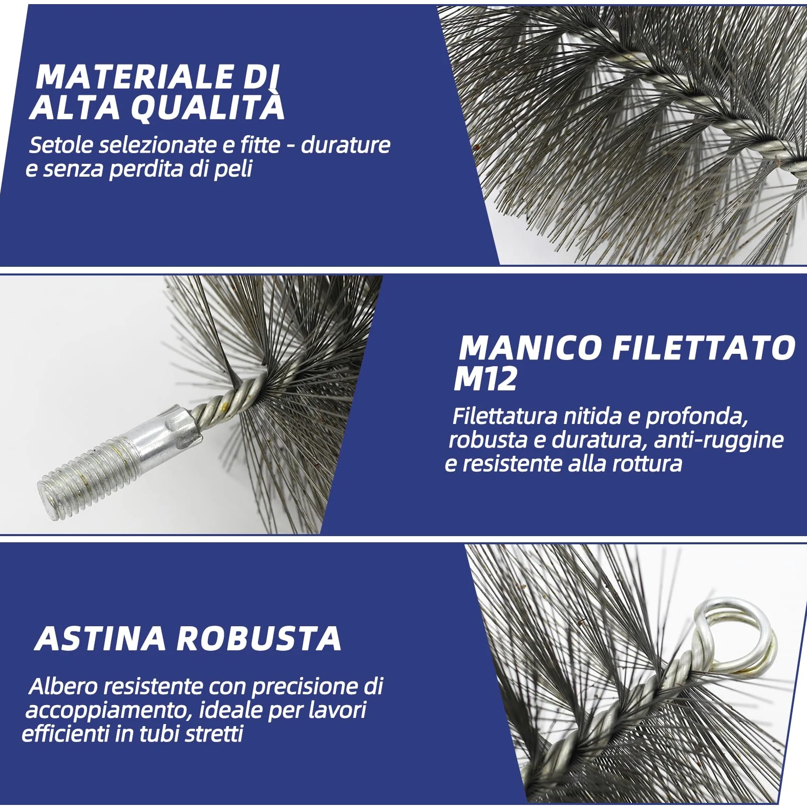Set di spazzole per camino 4 pezzi con spazzole da 30/50/80/150 mm, incl. 1m di filo di acciaio e stanga di spinta – Spazzola per camino per la pulizia di canne fumarie, tubi per stufe e tubi di