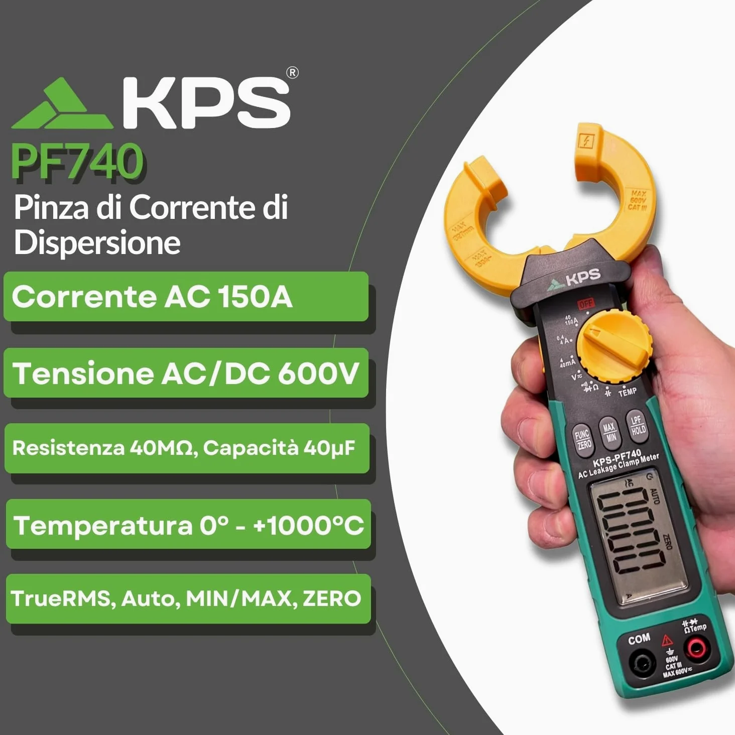 KPS -PF740 Pinza di perdite TRMS AC Max 150A, 4000 conti, tensione AC/DC 600 V, corrente AC 150 A, resistenza 40 MΩ, capacità 40 μF e temperatura, cat. III 600 V