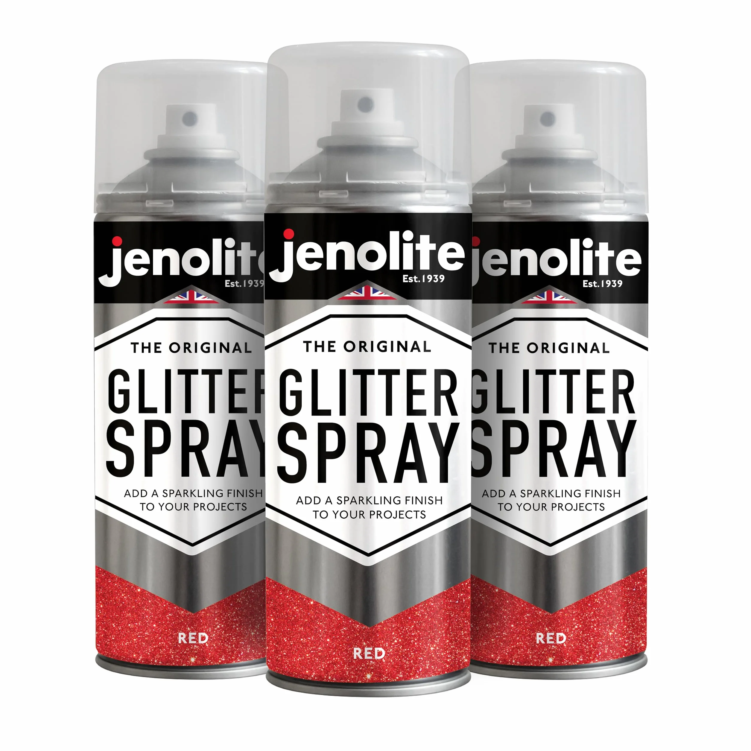 JENOLITE Vernice spray glitterata | ROSSO | 3 x 400ml | Vernice spray glitterata multisuperficie | Ideale per progetti artistici: perfetto per cornici, specchi, ornamenti e artigianato