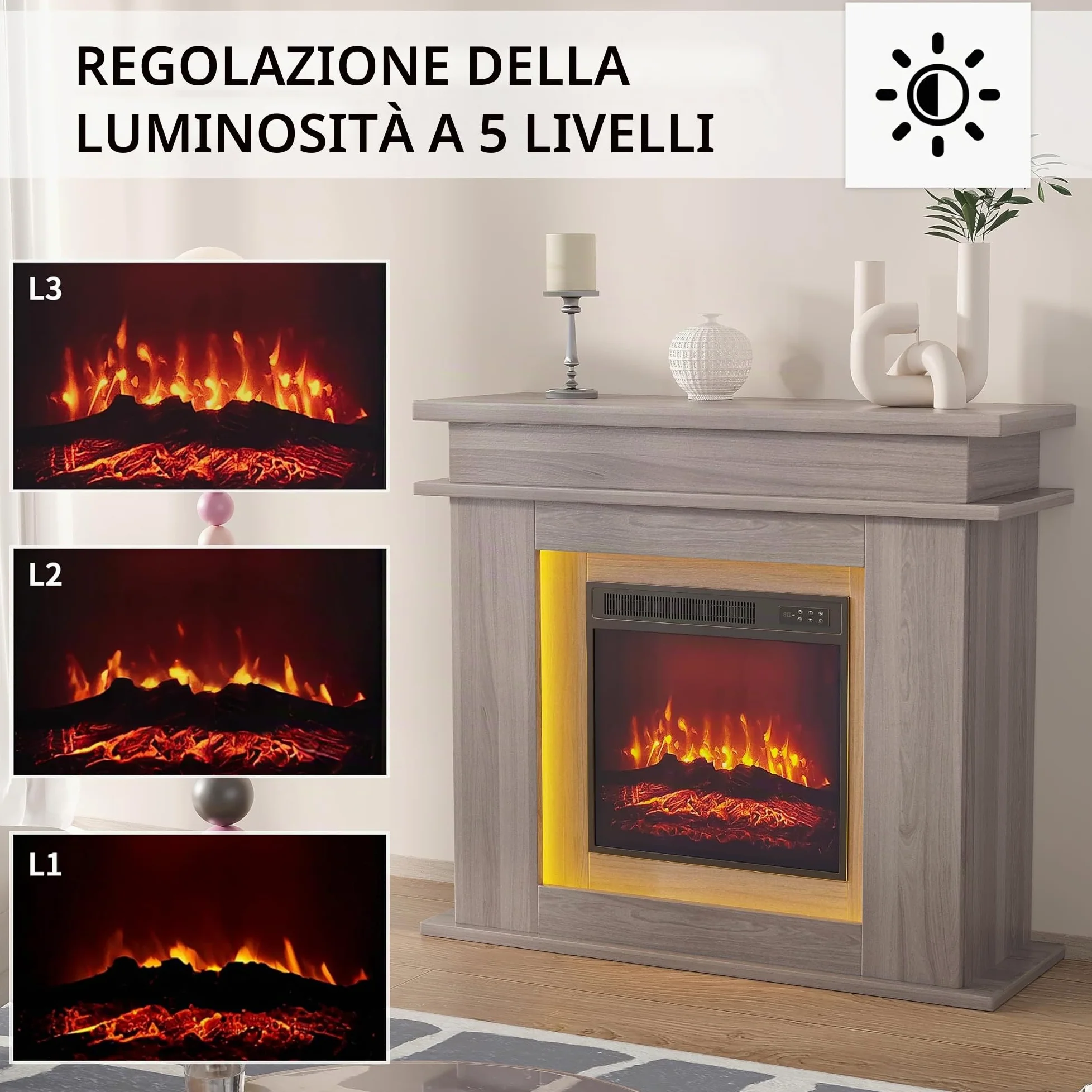 Camino elettrico da 40 cm con effetto LED 3D, effetto fiamma realistico con riscaldamento reagl, timer, striscia LED in 20 colori, telecomando (rovere)