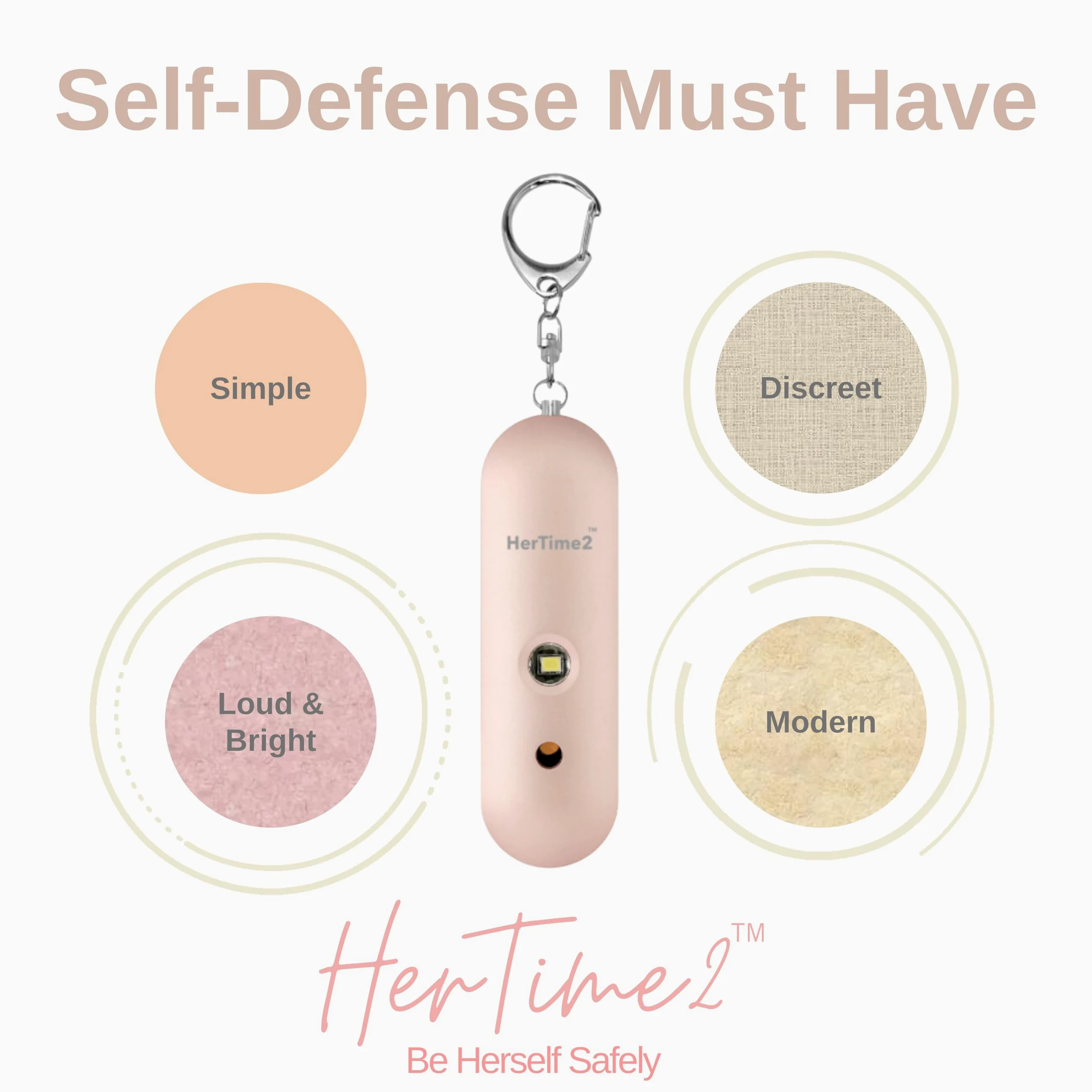 HerTime2 Allarme di sicurezza personale da donna, sirena di autodifesa, portachiavi impermeabile con luce stroboscopica, alimentato a batteria, oro rosa
