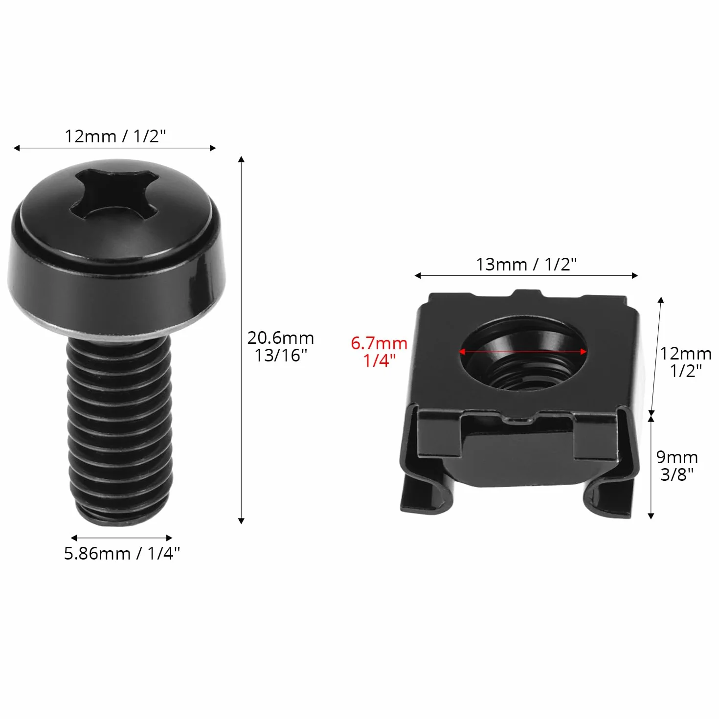 QWORK Set di 20 viti a dado M6 per armadi di rete, compatibile con rack da 19/10 pollici, acciaio nero