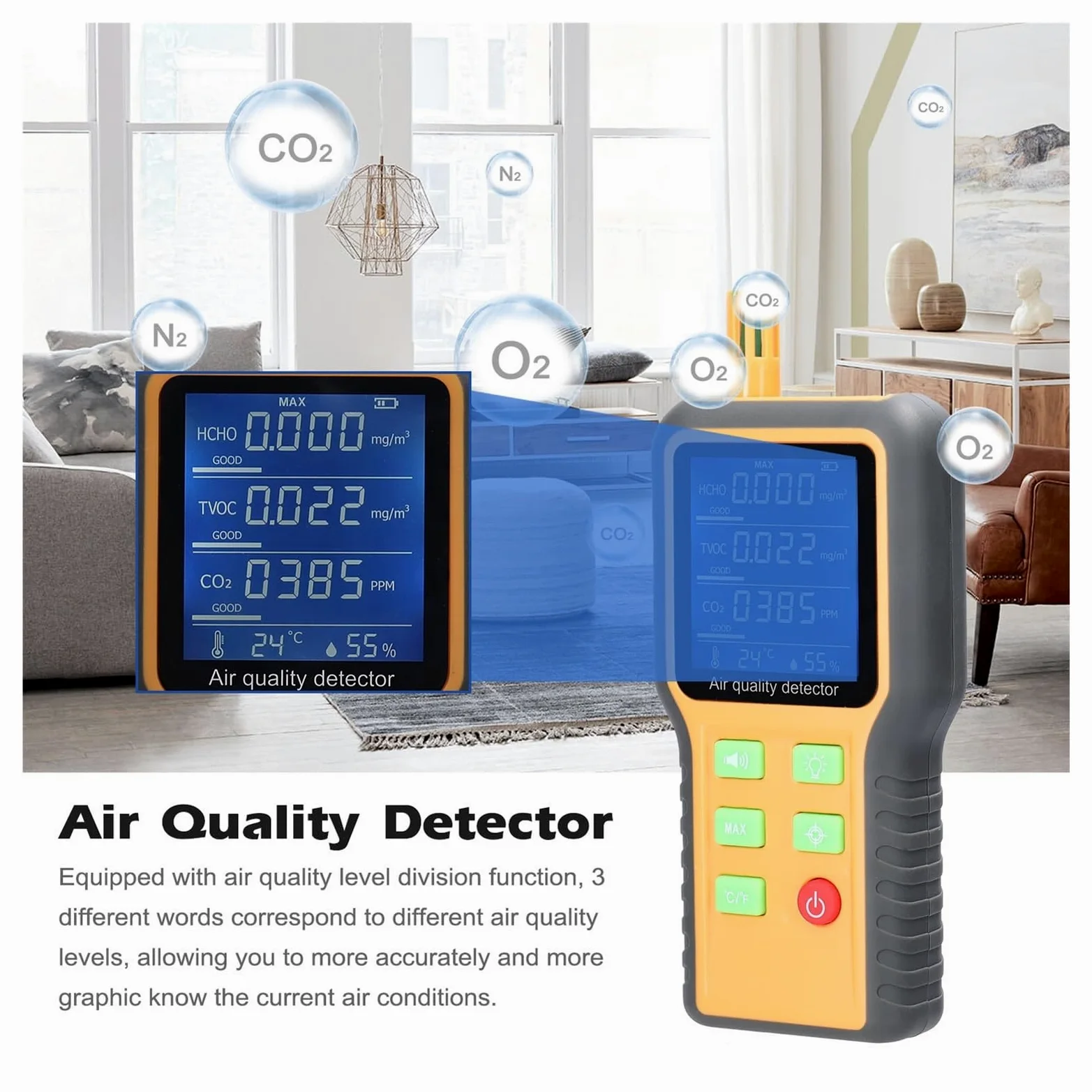 Misuratore Qualità dell'aria, 5 In 1 Monitor portatile a qualità 'aria CO2 TVOC HCHO Tester Misuratore di umidità a temperatura Display LCD retroilluminato Rilevatore di anidride carbonica per Casa Cu