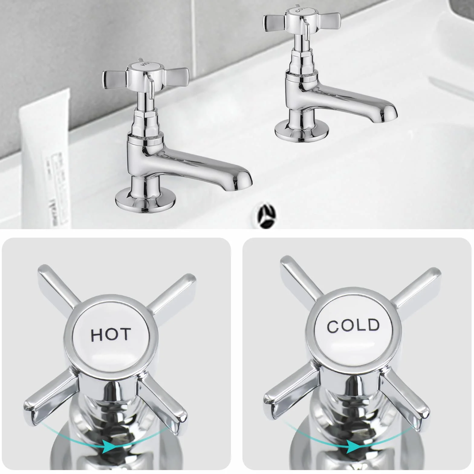 JASSFERRY - Coppia di rubinetti per lavabo, con manico a croce in ceramica, per lavandino da 1,2 cm