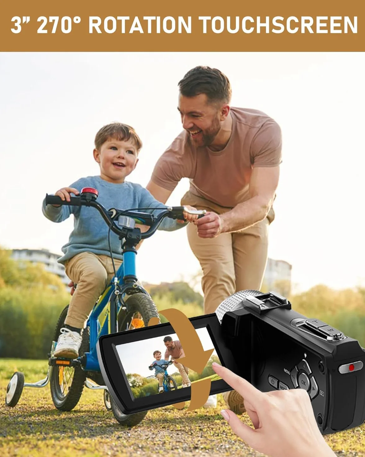 Videocamera 4K 48MP con Visione Notturna IR, Zoom Digitale 18X 3.0'' Rotazione 270° Touchscreen Vlogging Camera per YouTube, Camcorder con Telecomando, Microfono, Scheda TF da 32 GB, 2 Batterie