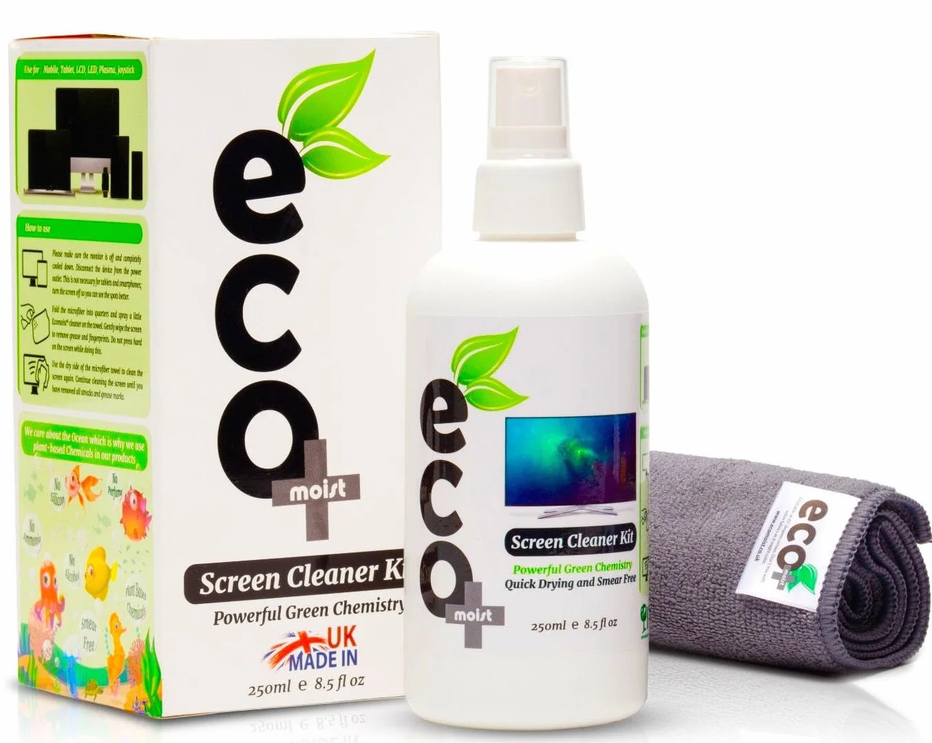 Ecomoist Detergente Naturale Per Schermi con panno in microfibra, 250ml