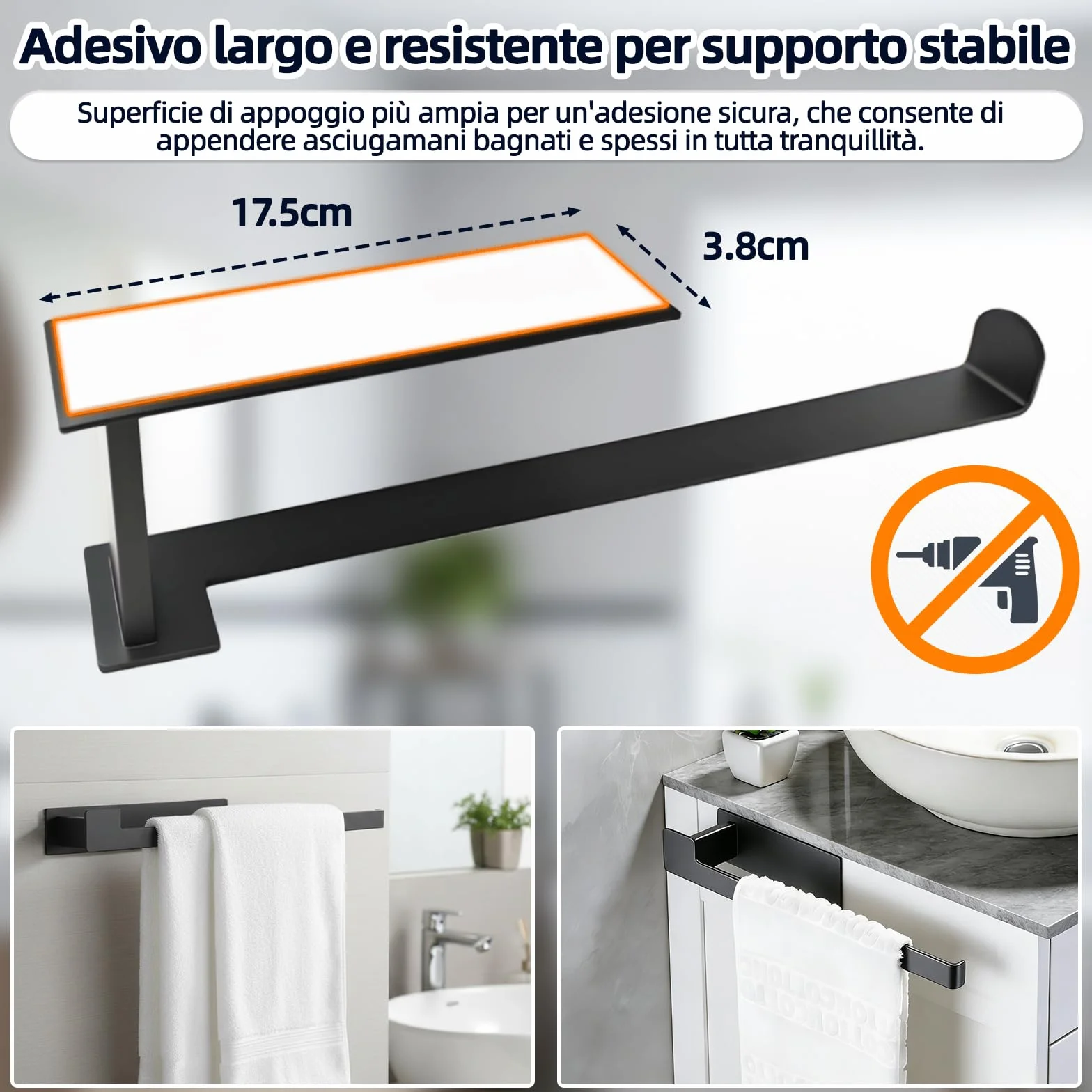 Portasciugamani da Parete 33 cm Acciaio Inox 304 Nero Opaco Adesivo Senza Fori Impermeabile per Bagno e Cucina