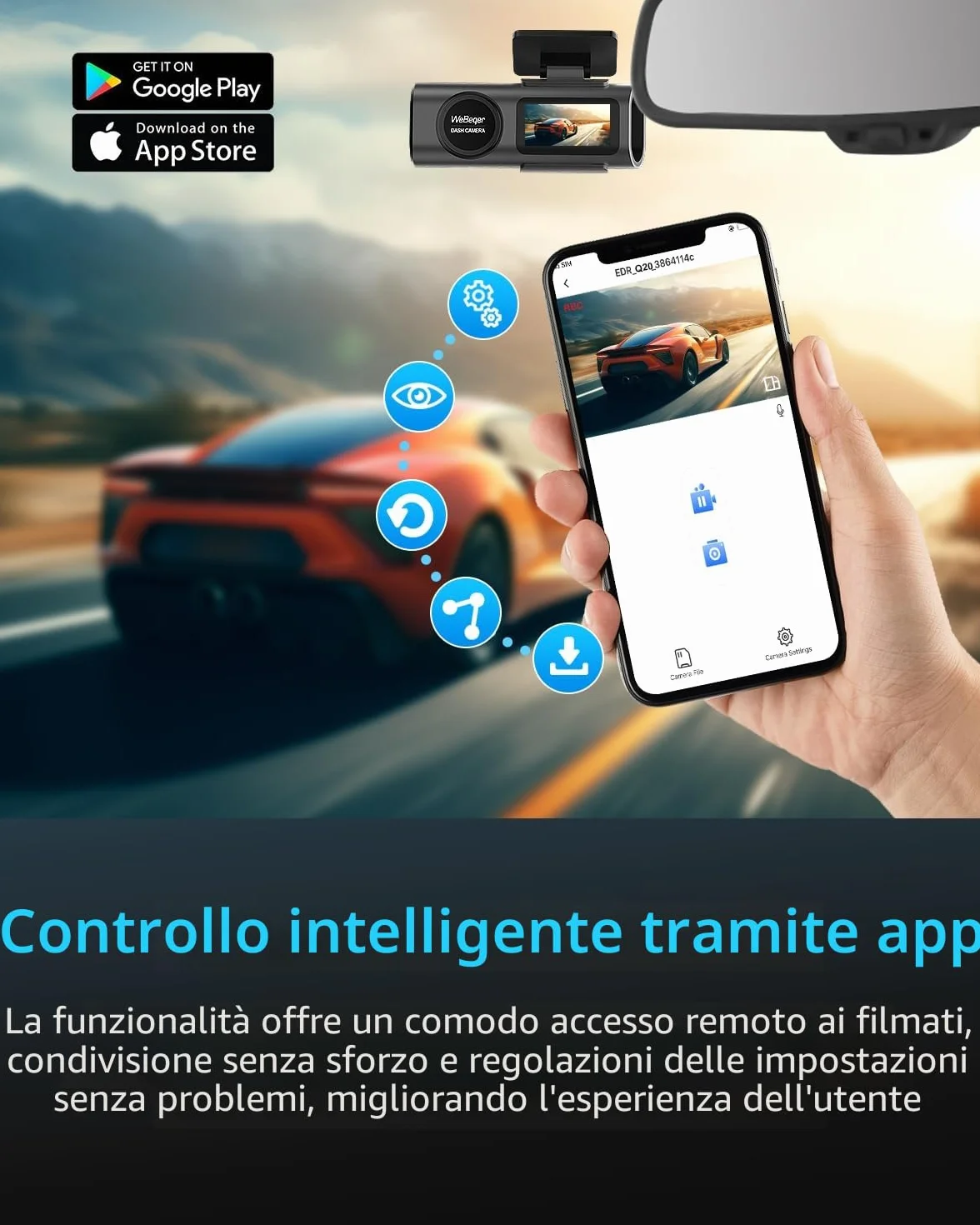 Telecamera WiFi per auto anteriore posteriore, 4K + 1080P per auto, controllo app con scheda SD da 64 G, visione notturna, sensore G, registrazione loop, WDR (Pollici, 1.47)