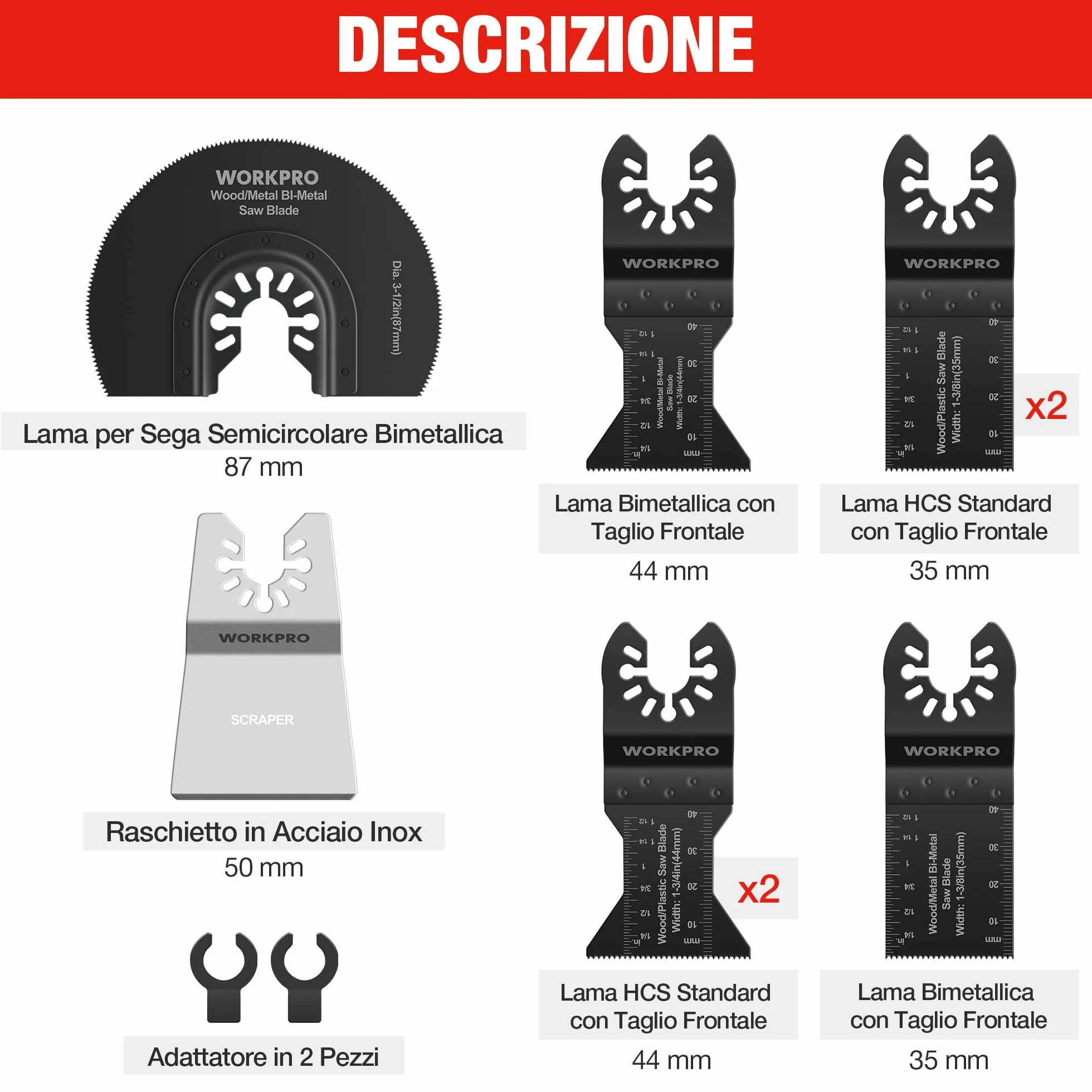 WORKPRO Lame Utensile Multifunzione 10 Pezzi, Lame Utensile Oscillanti Bi-Metallo Materiale, Accessori Oscillanti per Metallo Legno Plastica Cartongesso, Compatibile con la Maggior Parte delle Marche