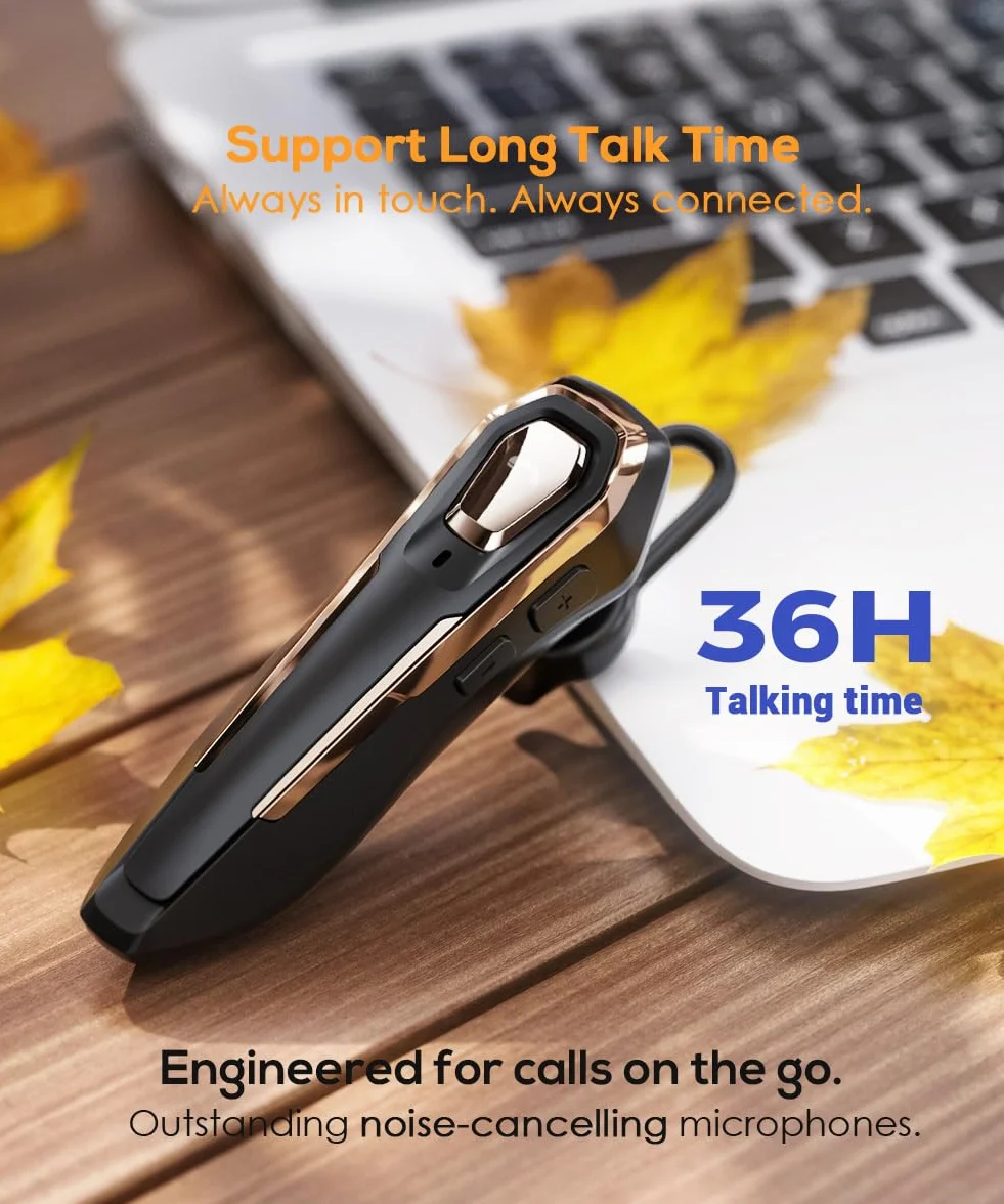 Auricolare Bluetooth Mono V5.4 con Cancellazione Rumore Microfono, 36 Ore di Autonomia, Connessione a due Dispositivi, Ideale per Guida, Ufficio e Telefonate Business