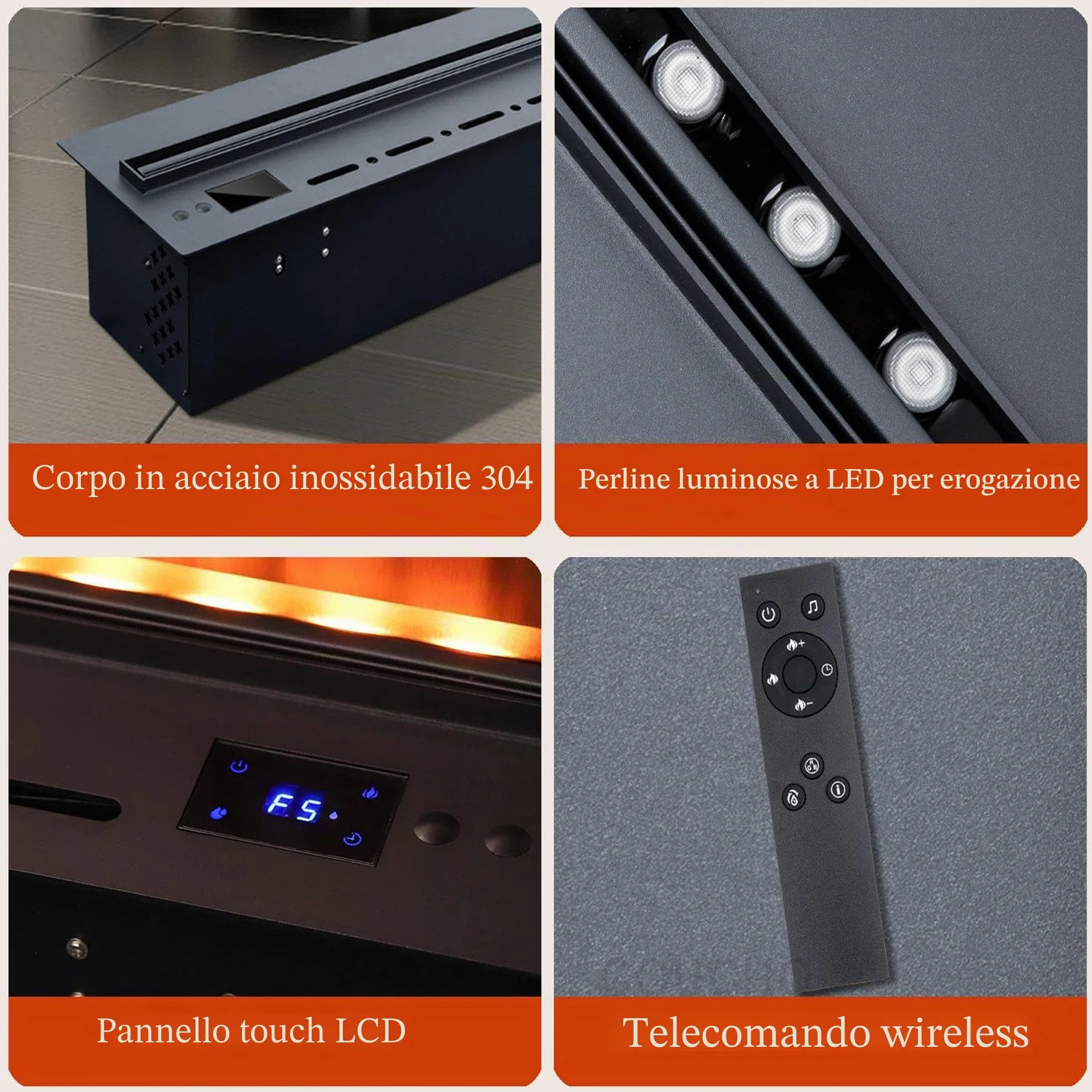 Camino A Vapore Acqueo 3D con Telecomando, Touch Screen E Umidificatore, Riempimento Automatico dell'Acqua, Fiamma Atomizzata Realistica, Design da Incasso-180cm/70.87in