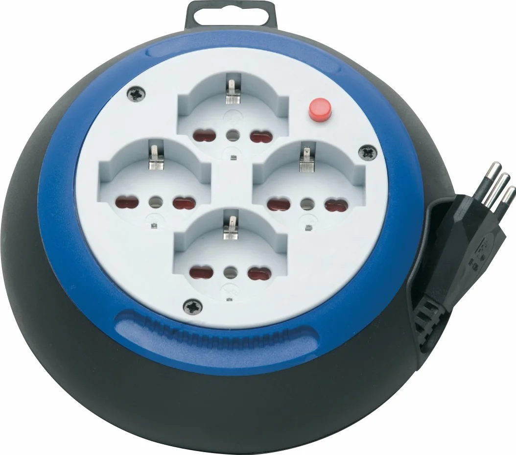 Prolunga Elettrica con Avvolgicavo Brennenstuhl 1100535 | Prolunga Elettrica 3 Metri Ultrapiatta e Pratica | 4 prese Polivalenti (10/16A + Schuko) | Altezza Solo 6cm | Diametro 18cm | Colore Nero/Blu
