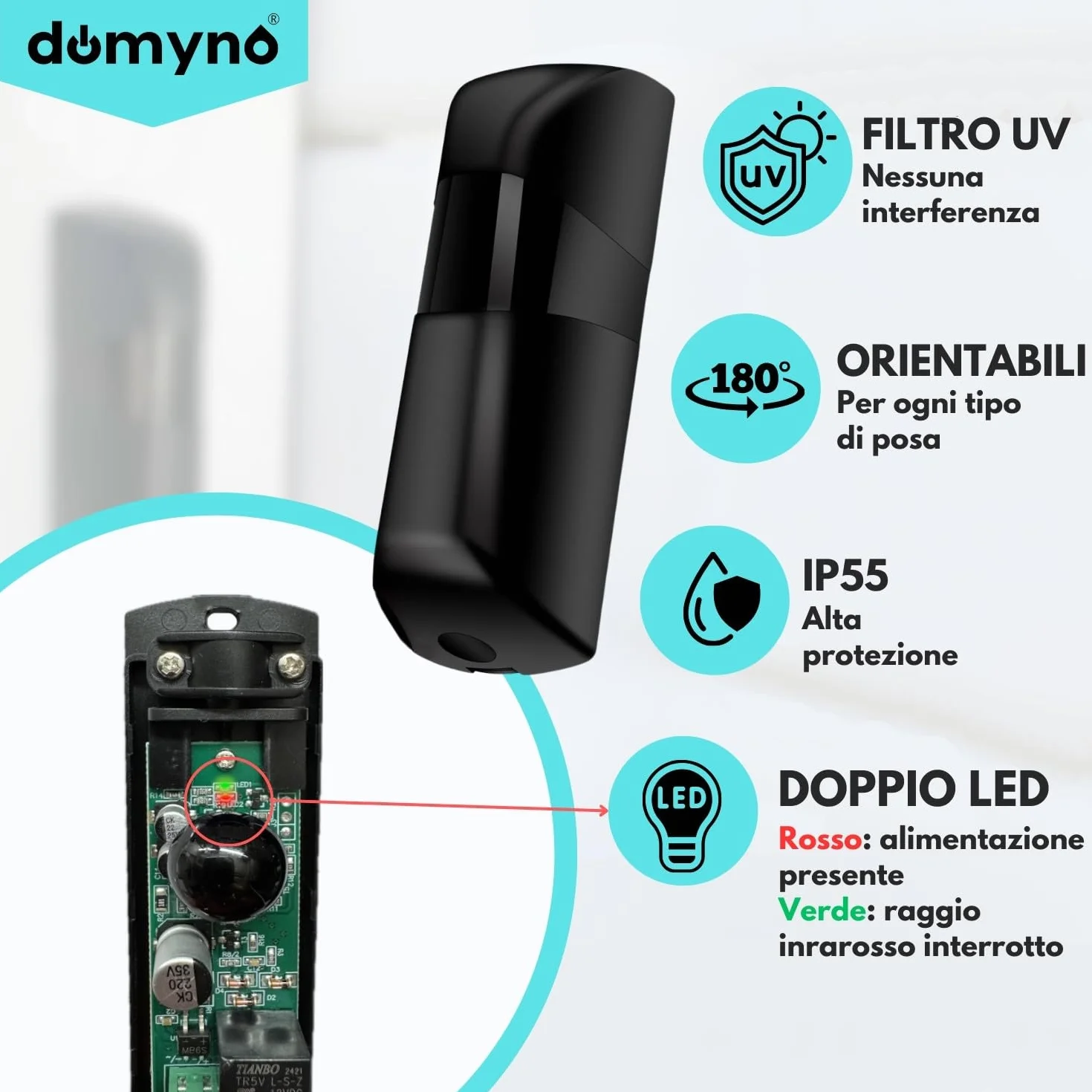 Domyno Coppia Fotocellule Infrarossi Universali Cancello Garage Sensore Esterno 12V 24V AC DC