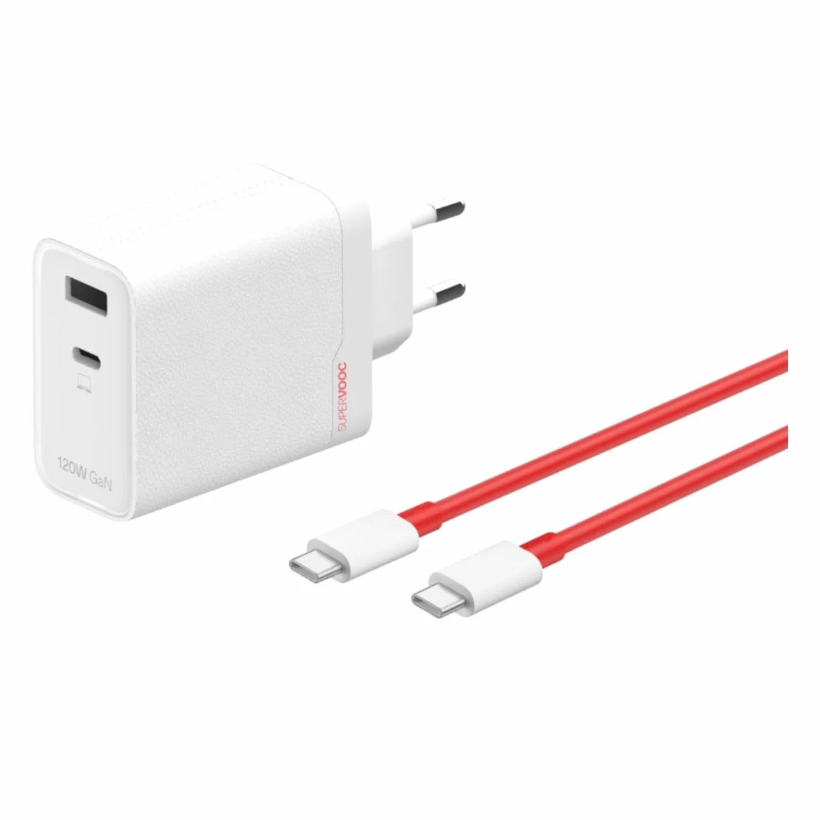 OnePlus Caricabatterie Originale SUPERVOOC 120W Dual Port, Adattatore di Ricarica Rapida GaN USB-C e USB-A + Cavo Tipo C, Alimentatore da Parete Compatibile con Smartphone OnePlus e Laptop, Bianco