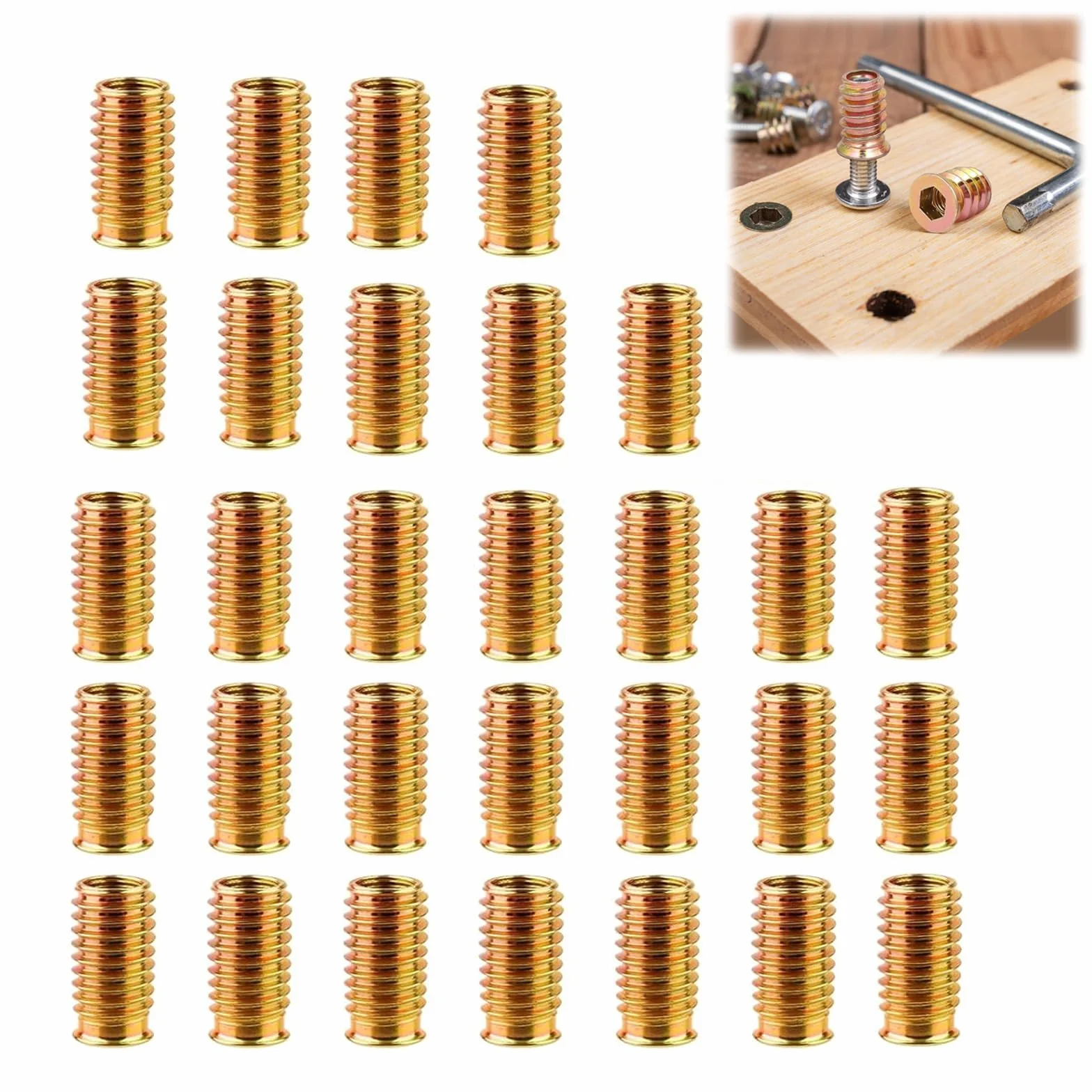 Inserti filettati per Legno M8x30mm Acciaio zincato Resistenti alla ruggine Dadi a Inserto 30 Pezzi