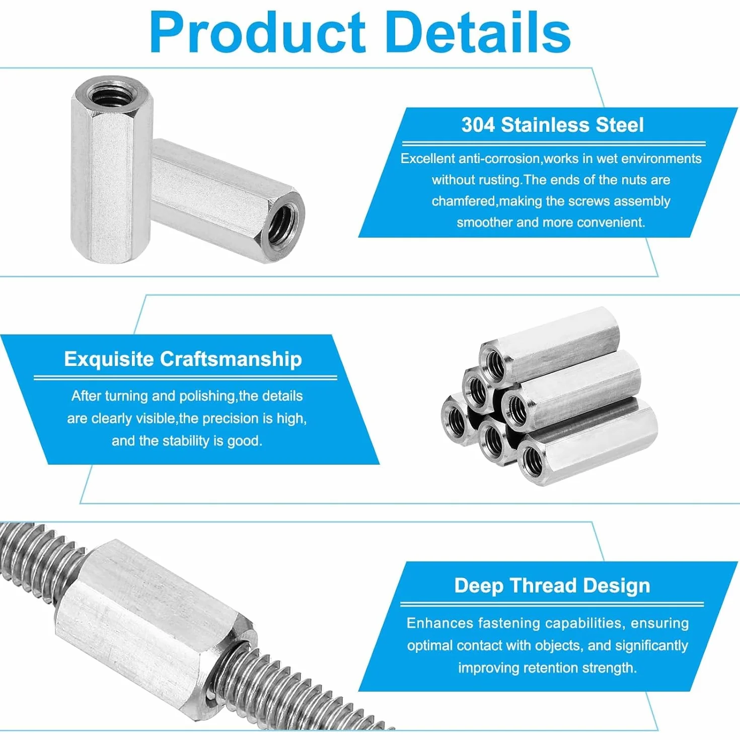 Dado per barra lunga M6 Esagonale Dadi a Manicotto Distanziatore Connessioni Filettate per Industria Macchine