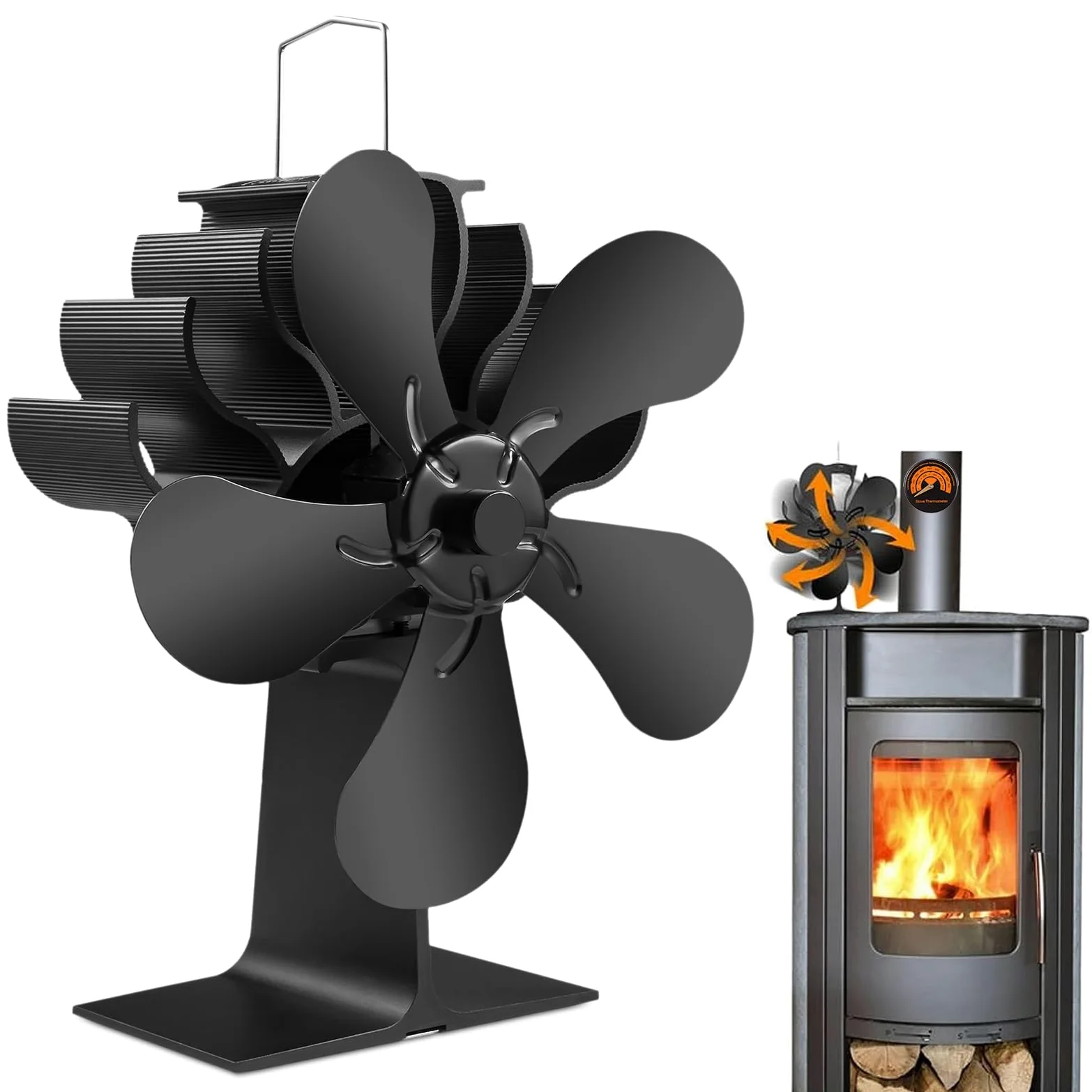 Ventola per stufa a legna a 5 pale, senza motori elettrici silenziosi, alimentata a calore, per stufe a gas/pellet/legna (termometro non incluso)