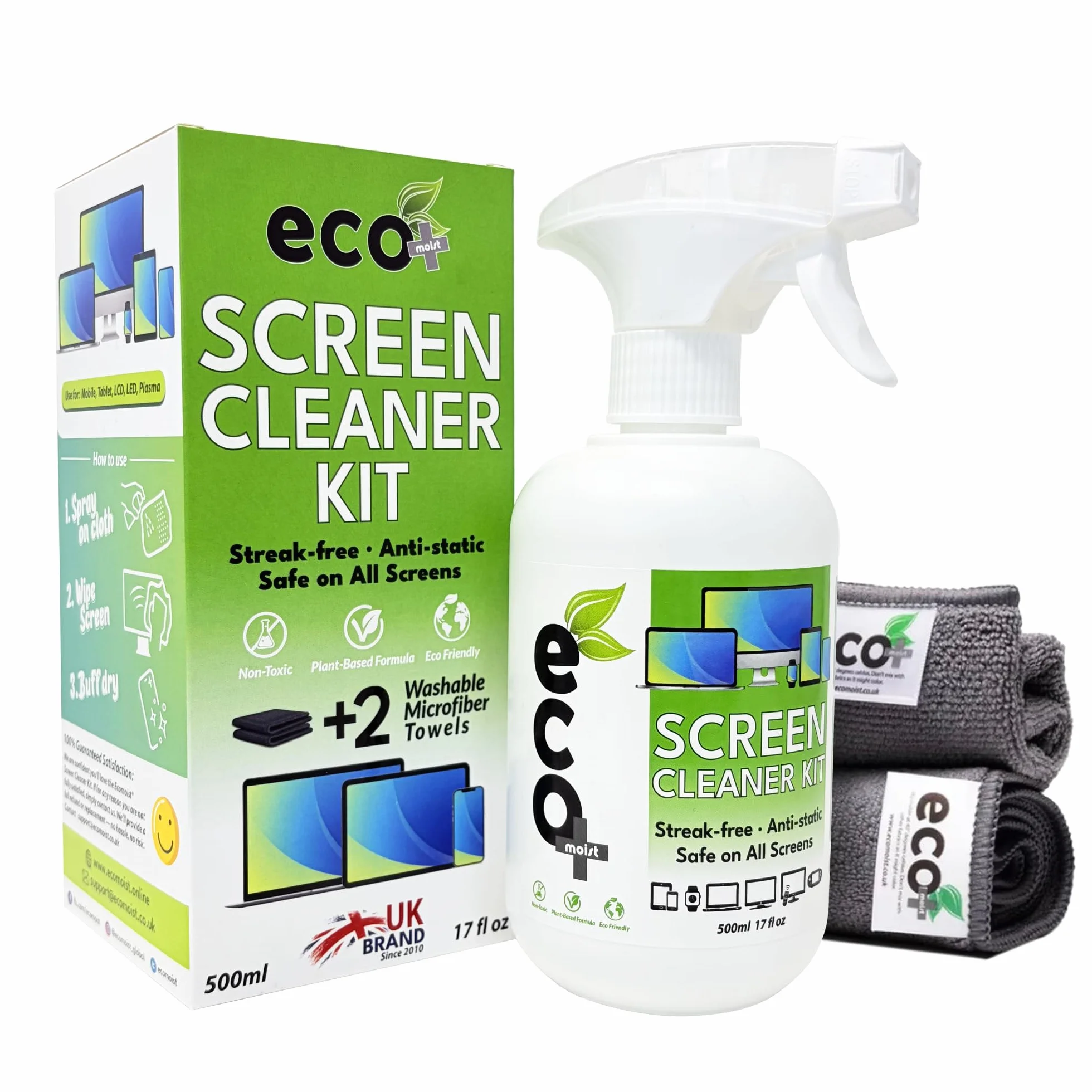 Pulizia dello schermo(500ML)+2 microfiber(20cmx20cm + 40cm x 40cm)-Prodotto naturale-MADE IN UK