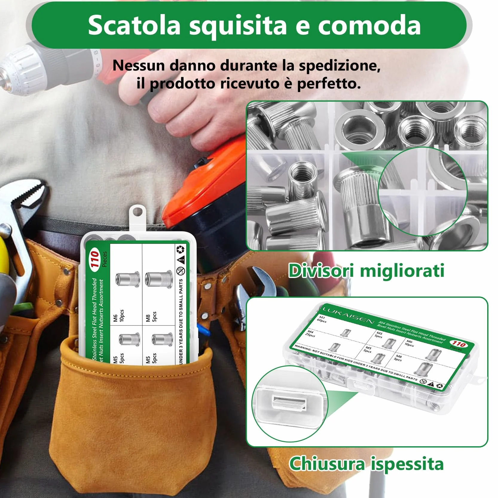 Dado per rivetto 110 pezzi M3 M4 M5 M6 M8 304 acciaio inox Nutsert Cap per mobili auto