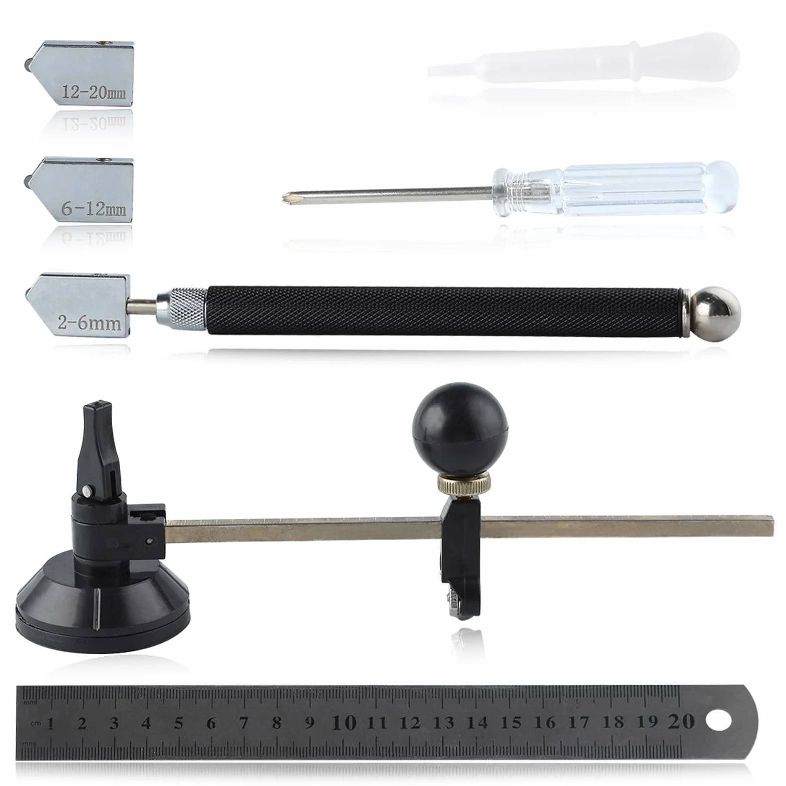 LEONTOOL Set di 7 utensili per tagliare il vetro, include un tagliavetro circolare regolabile da 2 a 20 mm, punta in carburo con 3 lame bonus, cacciavite, righello, contagocce olio, per piastrelle a