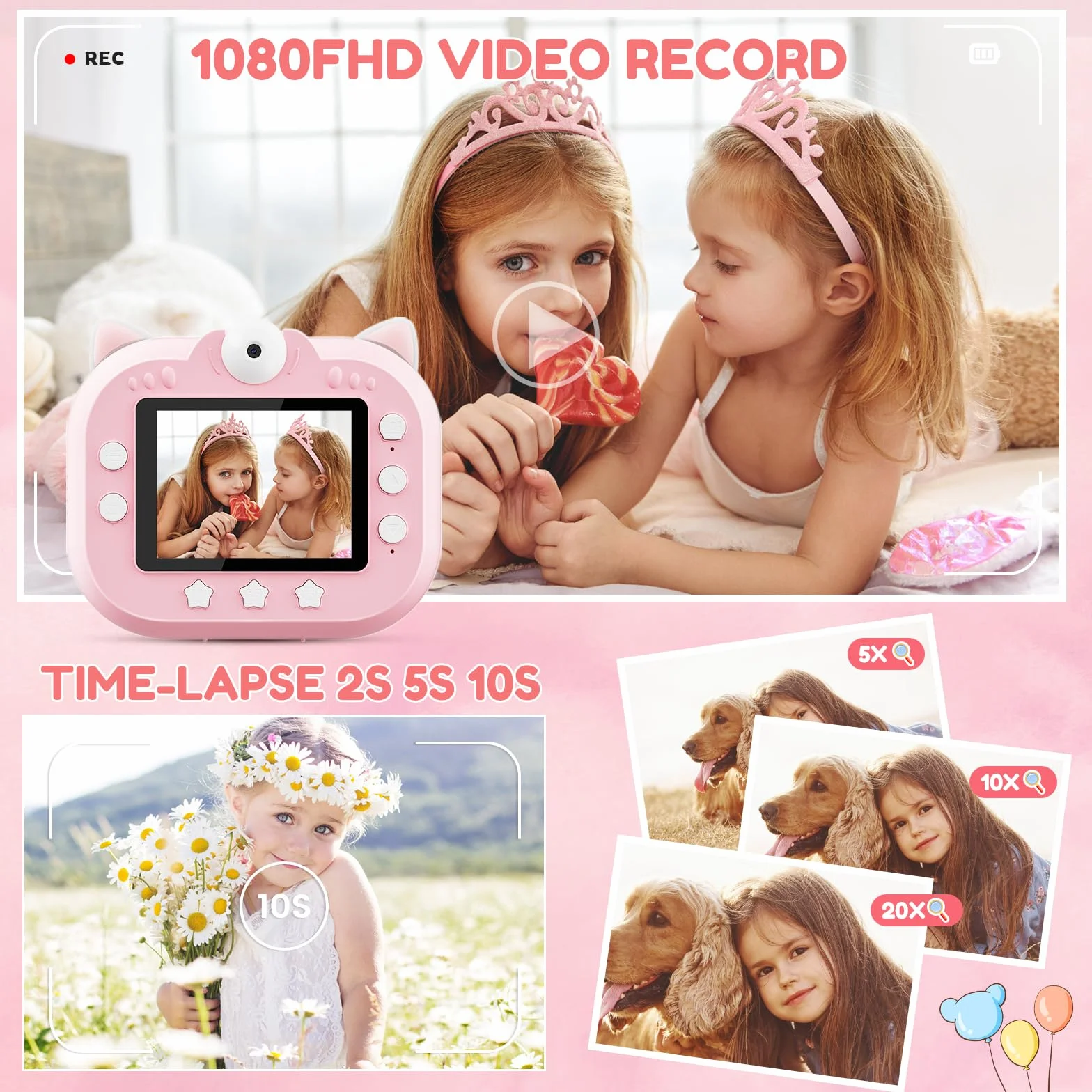 Macchina Fotografica Bambini Istantanea, Potuem 2.4 Pollici Digitale Fotocamera Bambini con Zoom 20X, Lente Ruotabile a 180°, 48MP/1080P Fotocamera Istantanea per Bambini, Regalo di Compleanno