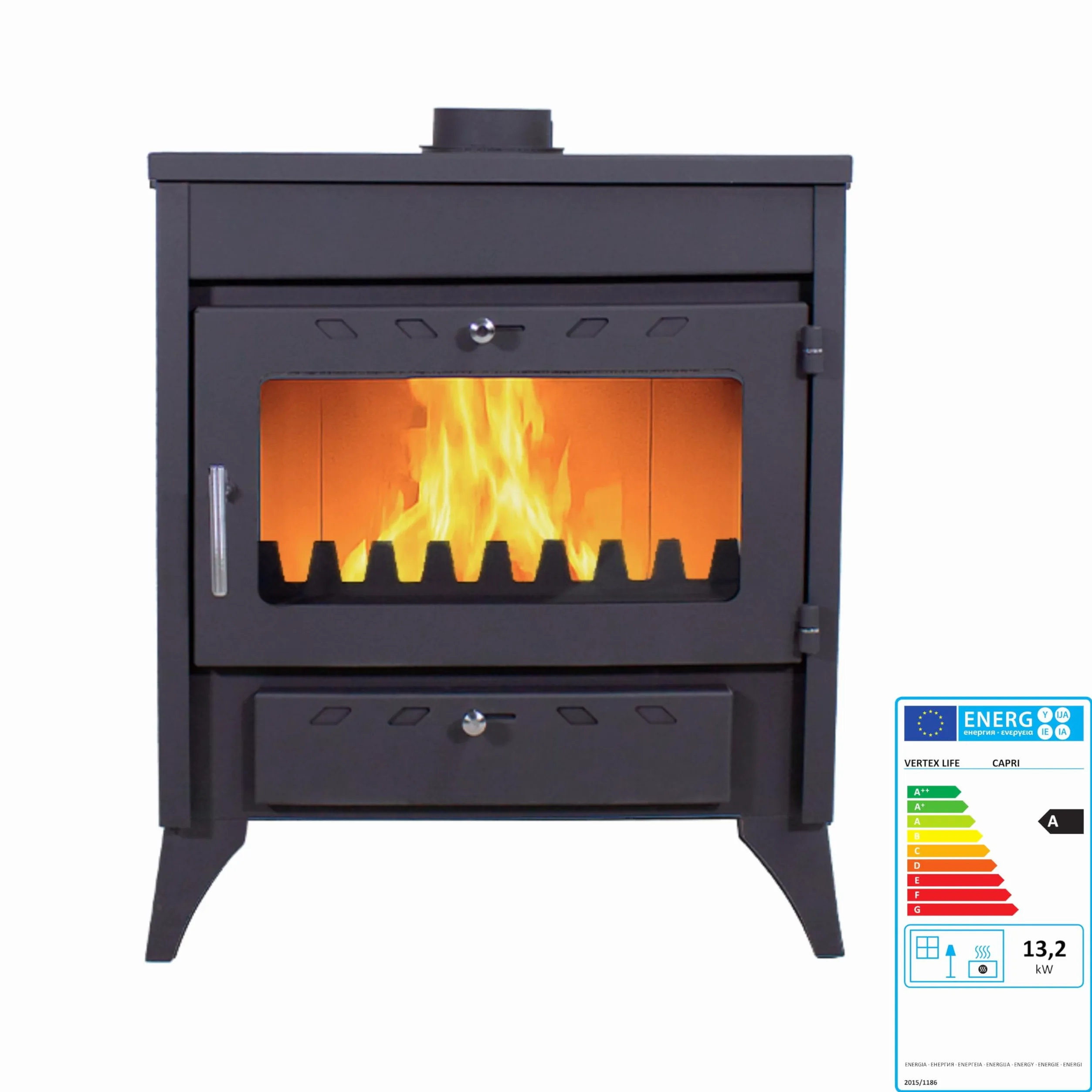 EIDER BIOMASA Stufa a legna 17,05 kW - Compatta 84 x 51 x 66 cm - Basso consumo - Ghisa - Ampia camera per tronchi grandi - Fino a 297 m³ - Classe di efficienza energetica A - Visione del fuoco