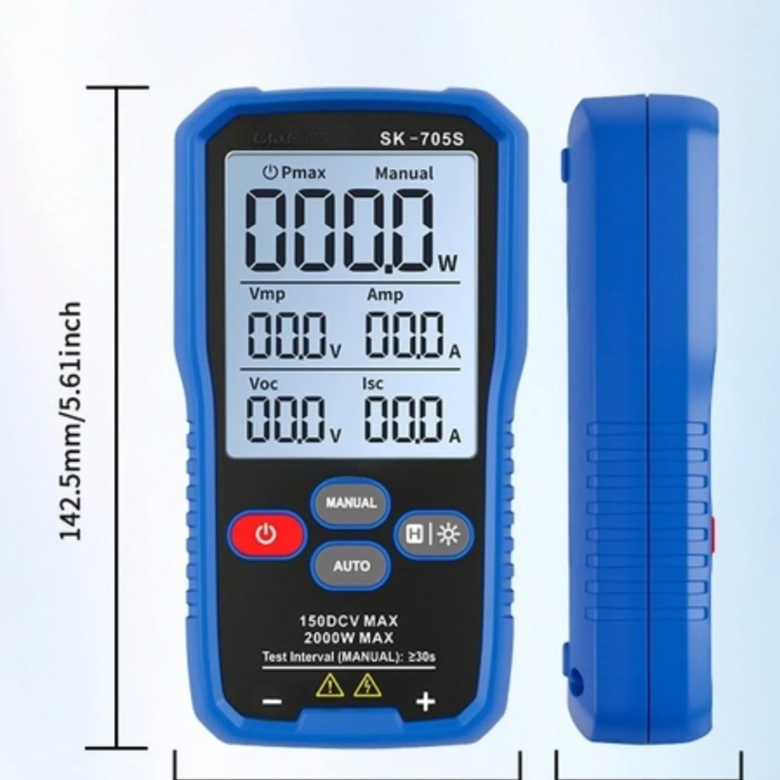 SK-705S, tester di potenza fotovoltaica con tecnologia MPPT per pannello solare, capacità massima 2000W, display LCD da 3,2 pollici, gamma automatica/manuale, design portatile (SK-705)