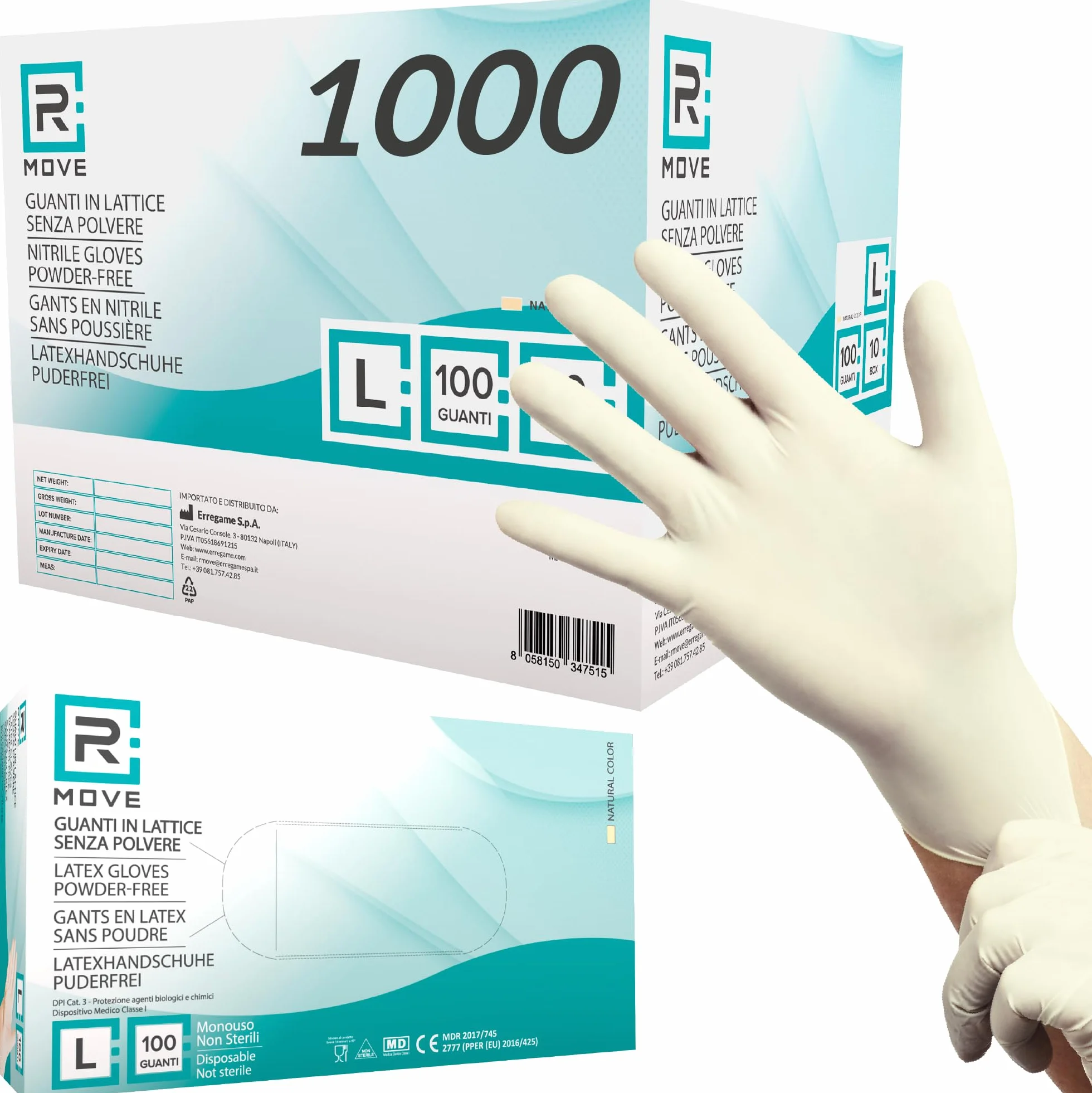 Guanti in lattice monouso R MOVE 1000 5,7gr senza polvere alta sensibilità 10 scatole da 100 guanti dispositivo medico L