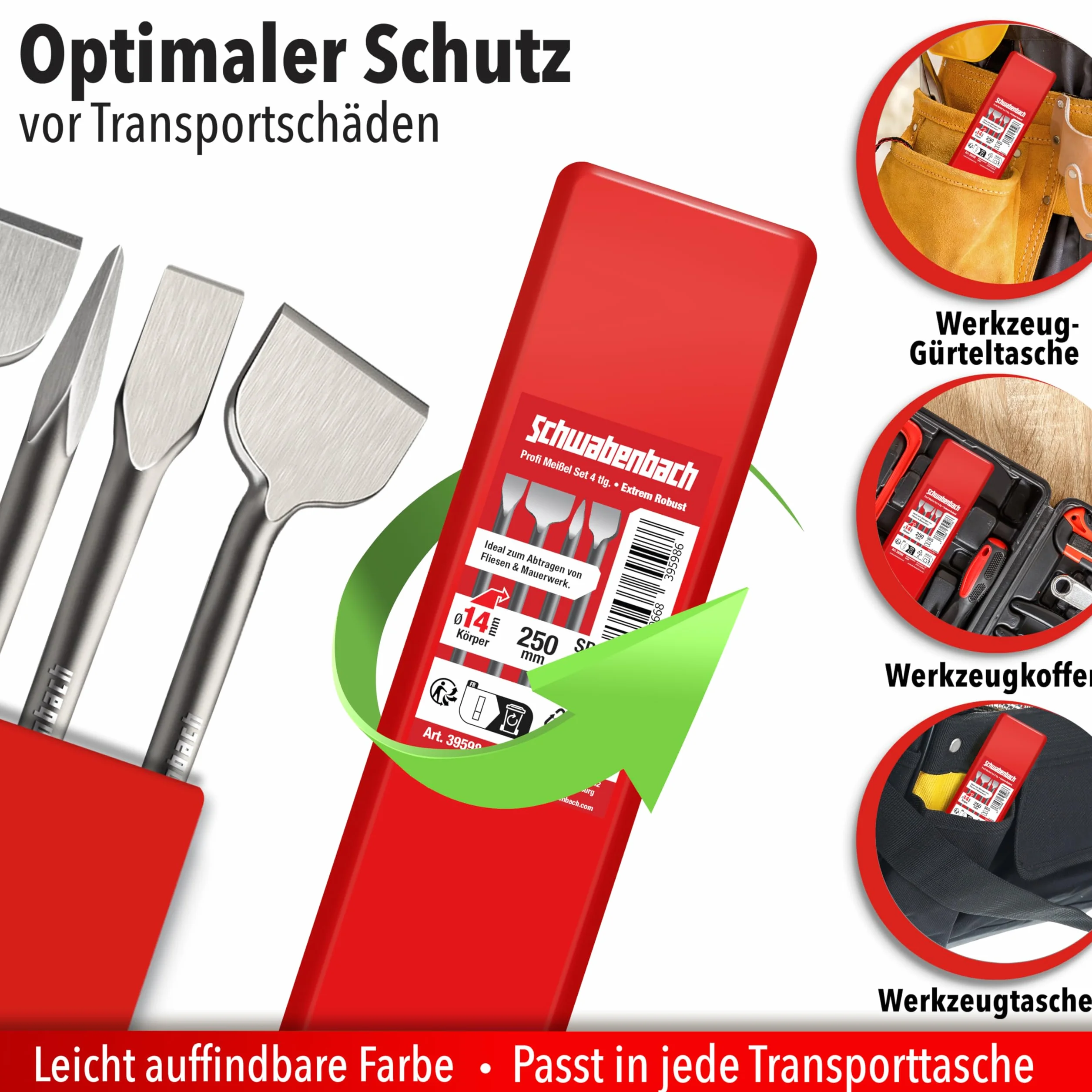 SCHWABENBACH® SDS Plus - Set di 4 scalpelli da 250 mm, scalpello piatto da 50 mm, scalpello piatto da 50 mm + 25 mm + scalpello a punta - Scalpello SDS-Plus universale per martelli perforatori