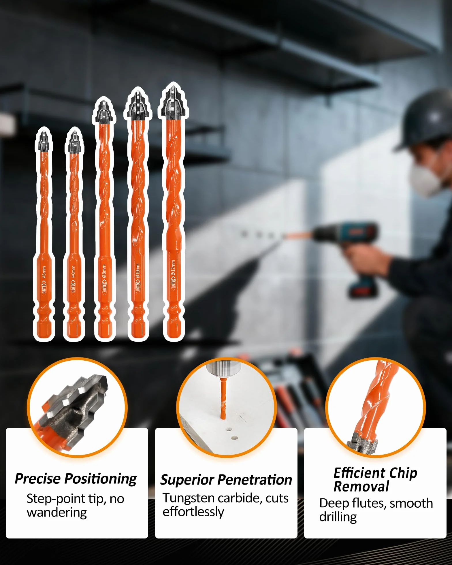 BGTEC Punte Eccentriche a Quattro Taglienti 10 pezzi Ø 5-12 mm per Piastrelle