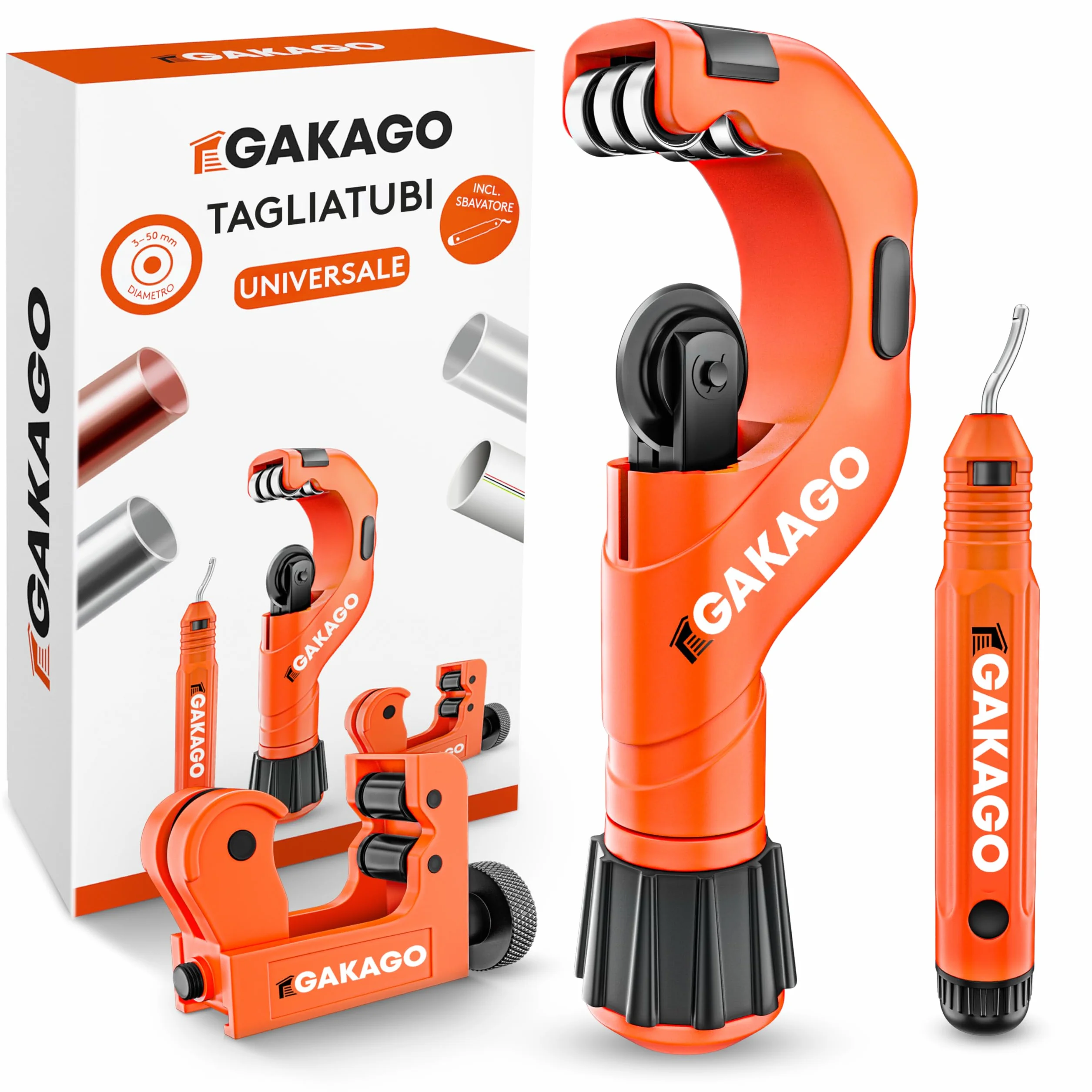 Gakago Set di tagliatubi 3-50 mm con sbavatore per acciaio inox rame alluminio acciaio plastica PVC PE