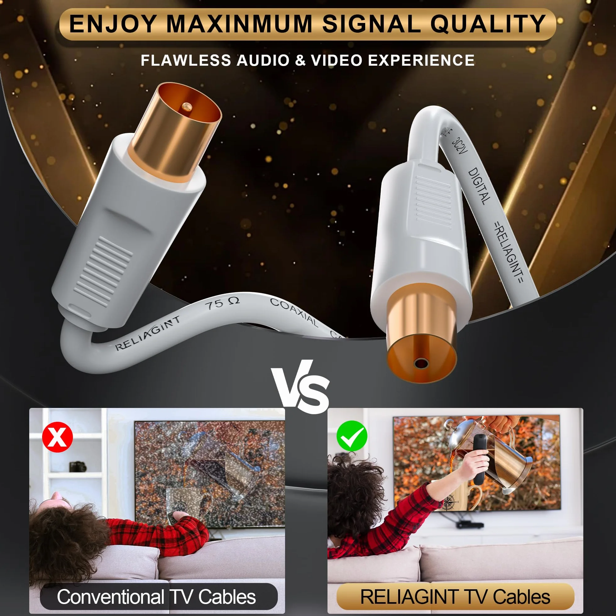 RL Flex Cavo antenna TV 1m, prolunga coassiale maschio/femmina 75 ohm, conduttore in rame puro, per digitale terrestre, TV via cavo e satellitare (DVB-T/T2/C/S/S2), Bianco