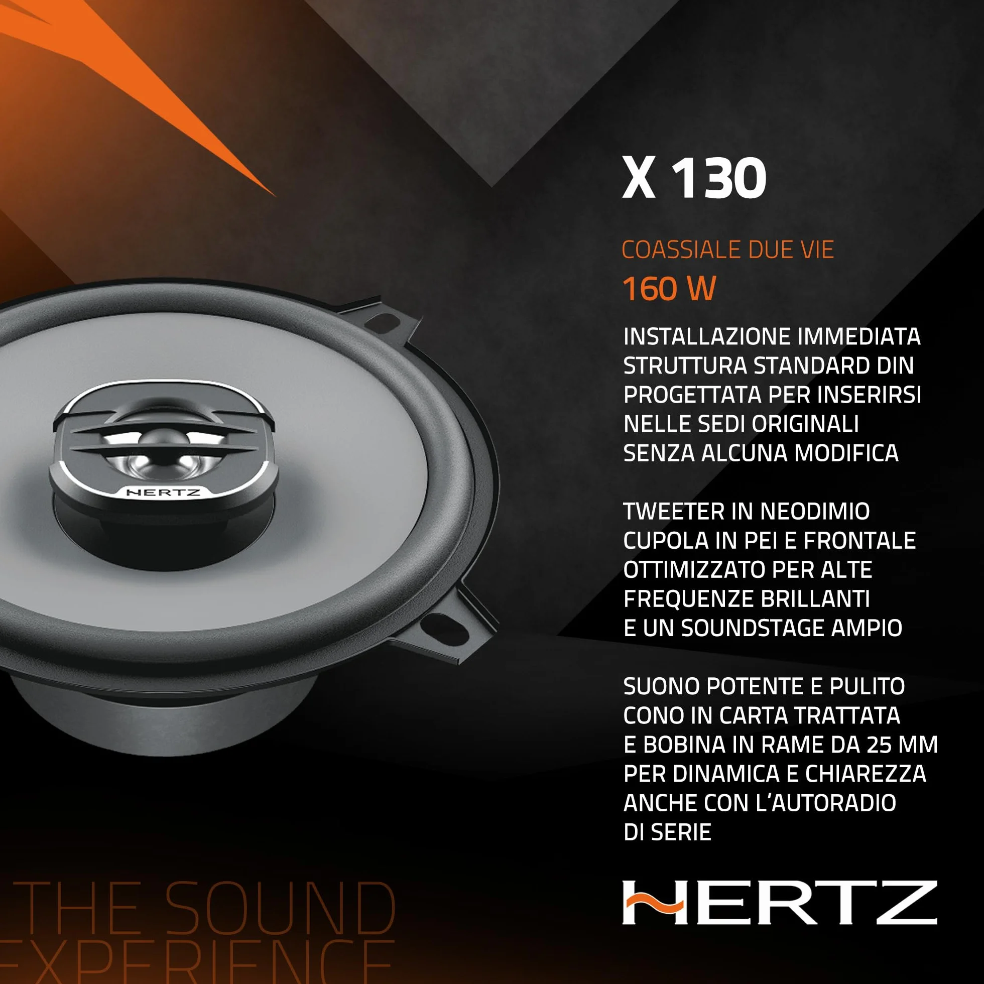 Hertz X 130 – Coppia di altoparlanti coassiali a 2 vie da 130 mm, 160W di potenza di picco, cono in polipropilene e tweeter integrato