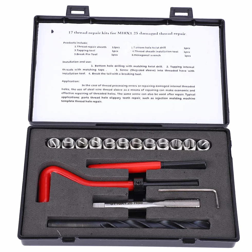 17 Pezzi Kit di Riparazione Filettatura in Acciaio Inossidabile M10x1.25 Set Maschi Femmina