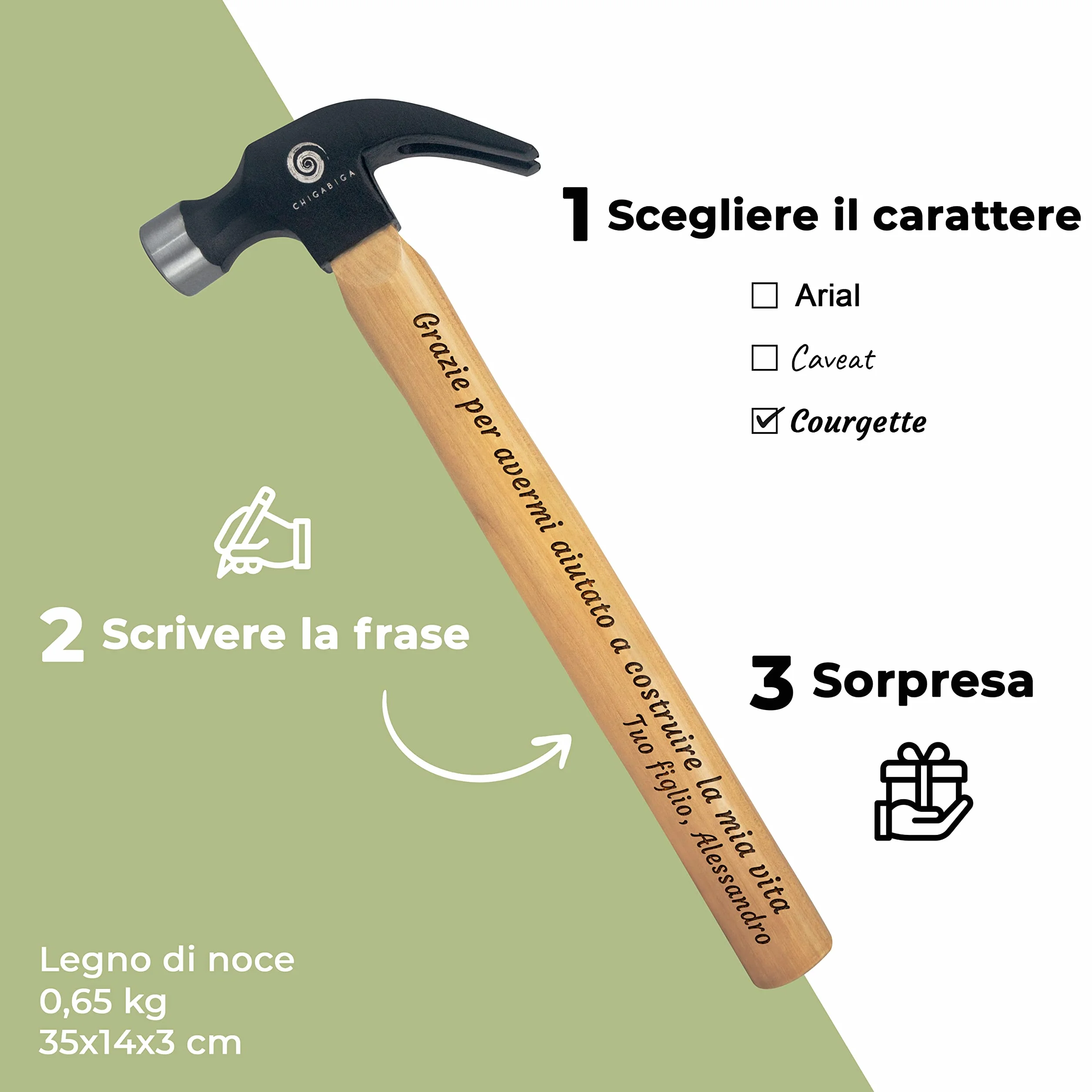 Martello PERSONALIZZATO con le tue stesse parole, regali originali per uomo, Natale, festa del papà, compleanno, fidanzato, San Valentino. Inciso a laser. Martelli da carpentiere di dimensioni reali