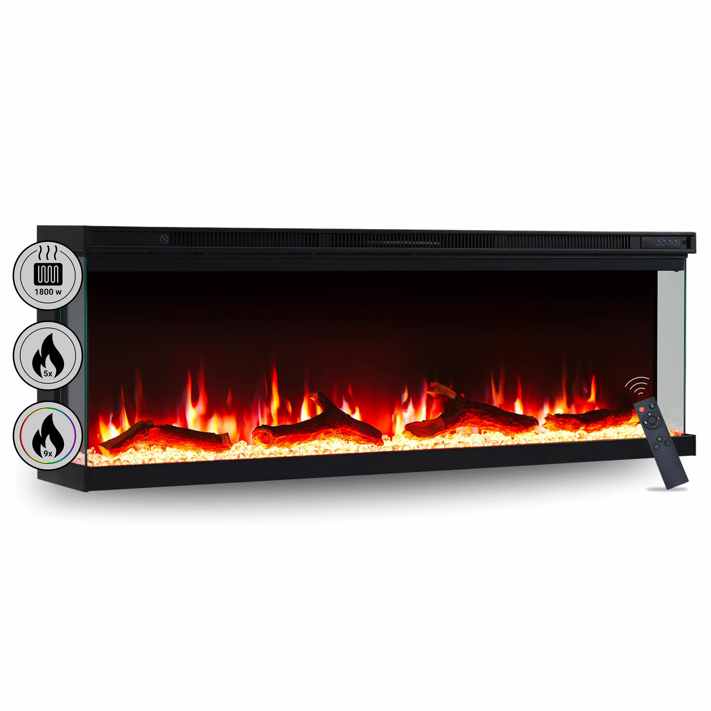 Camino elettrico BALDERIA Orson 50" | Camino elettrico da parete/incasso, effetto fiamma 3D LED, intensità variabile, riscaldamento 1800 W, timer, termostato, telecomando | nero